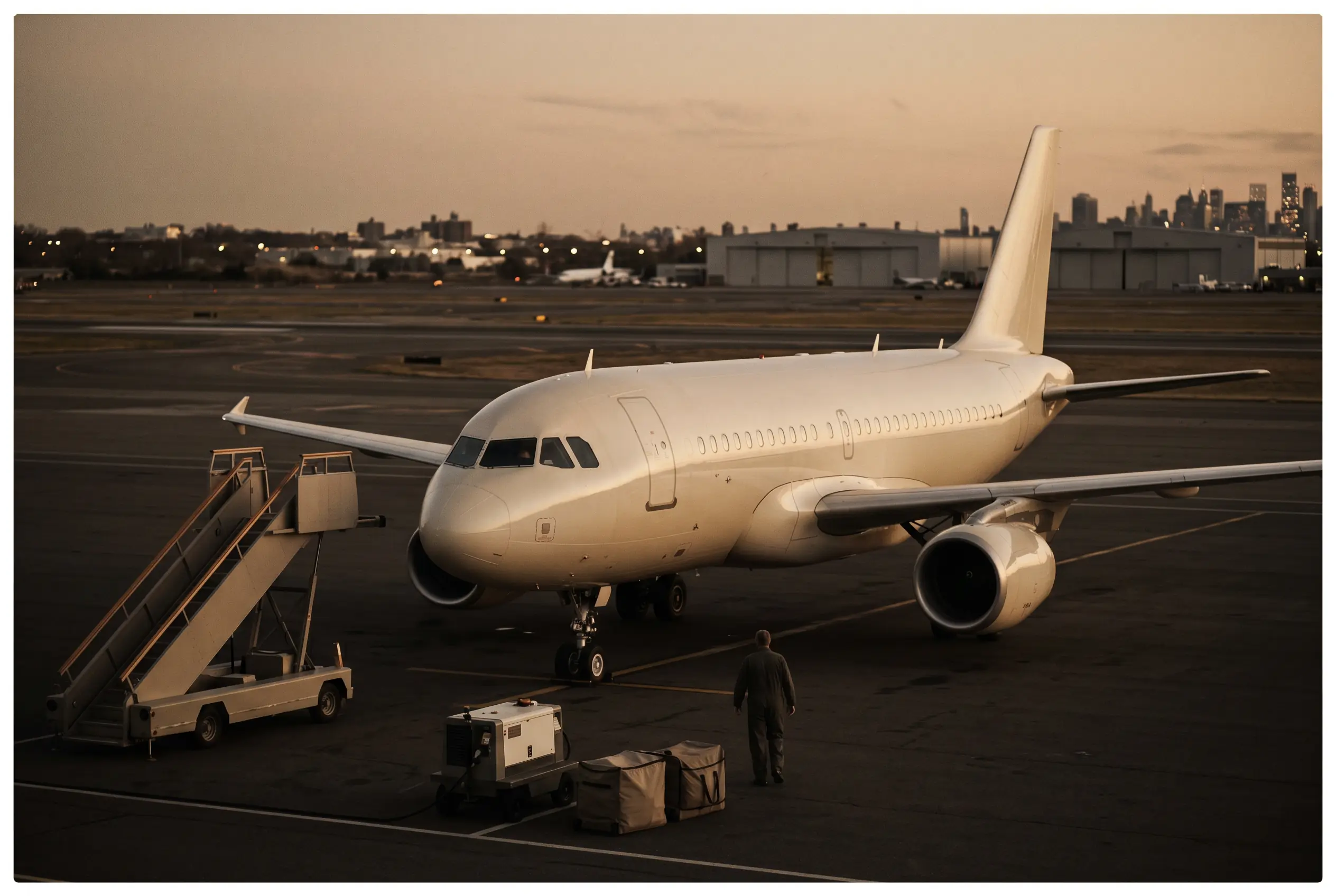 Airbus ACJ319 parked on a private ramp at dusk before a New York to Miami flight
