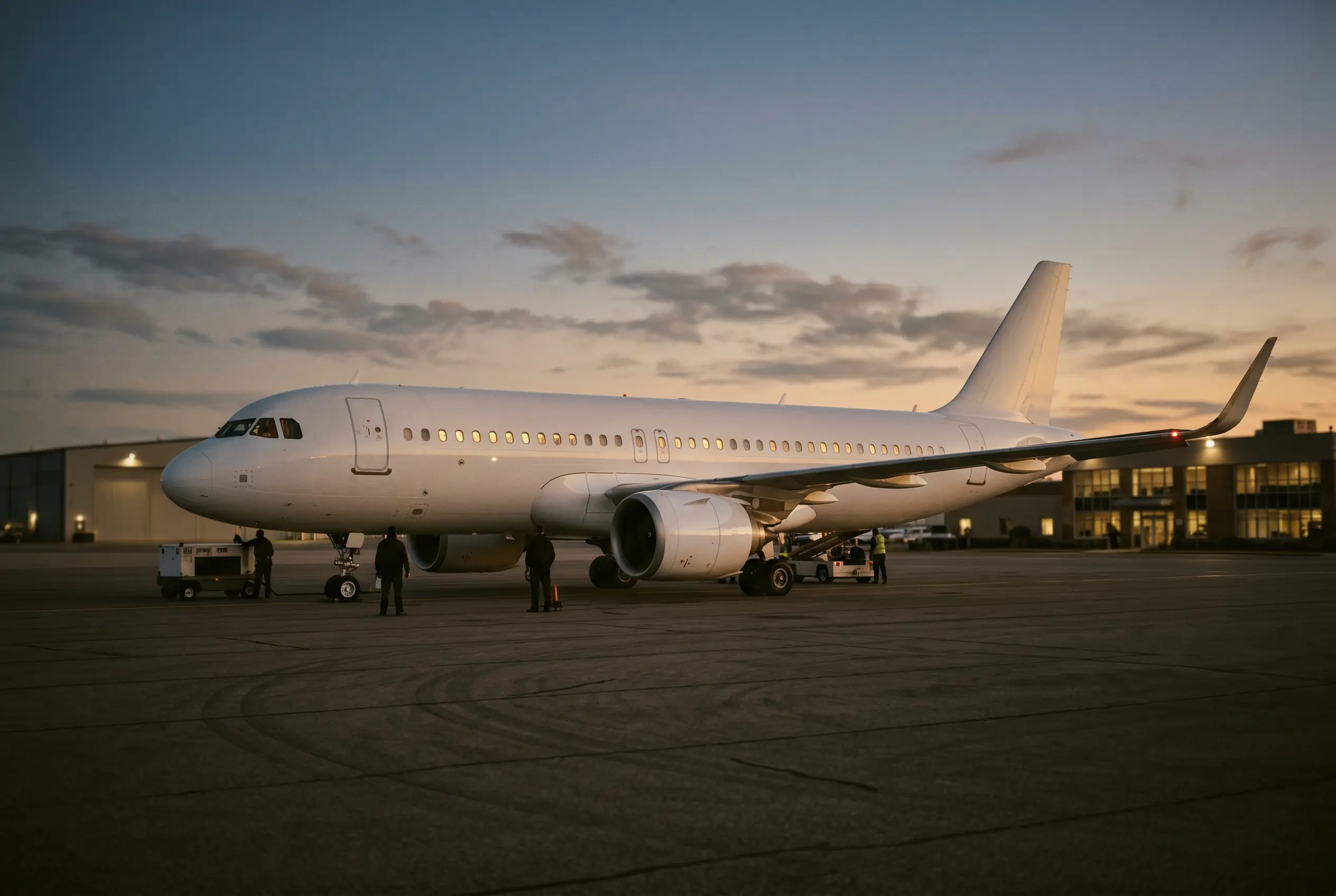 Airbus ACJ320neo parked on a private ramp at dusk before a New York to Miami flight