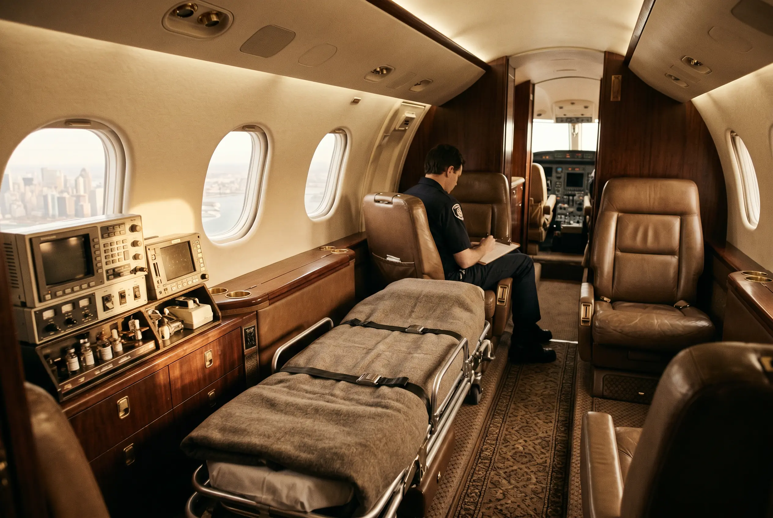 A medically configured private-jet cabin for patient transport on the New York to Miami route