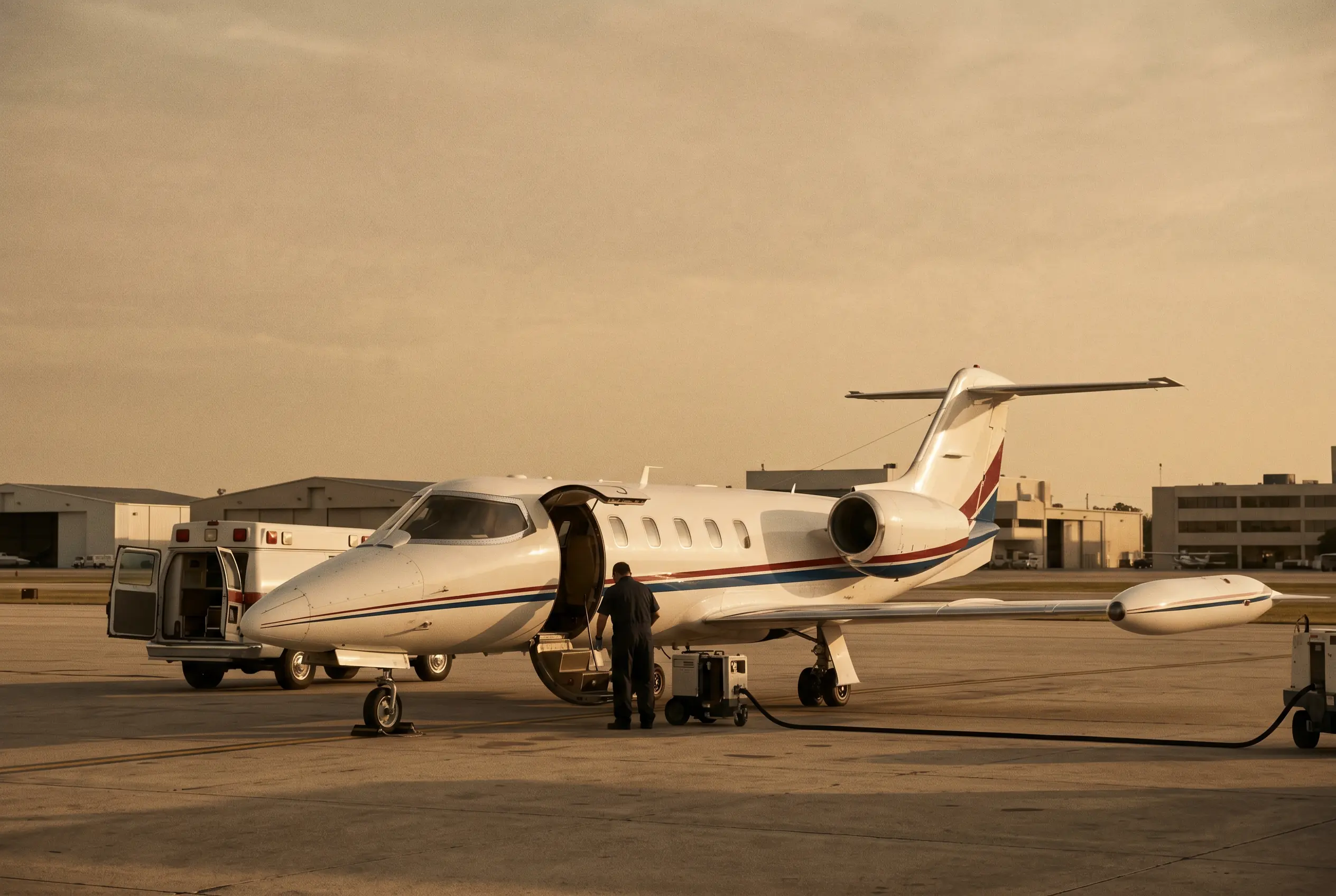 A medically equipped private jet waiting on the ramp on the New York to Miami route