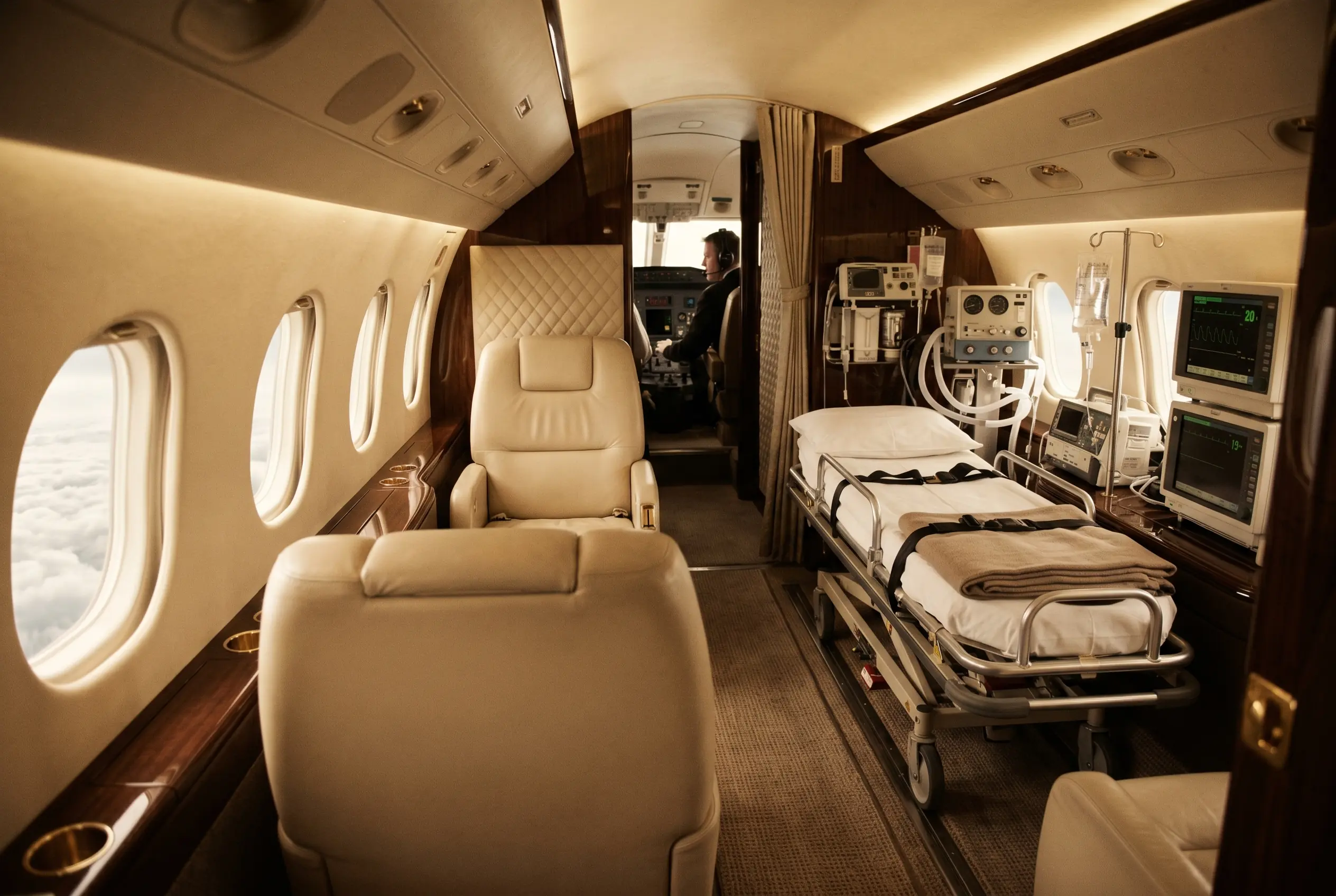 A stretcher and clinical equipment fitted inside a private jet on the New York to Miami route