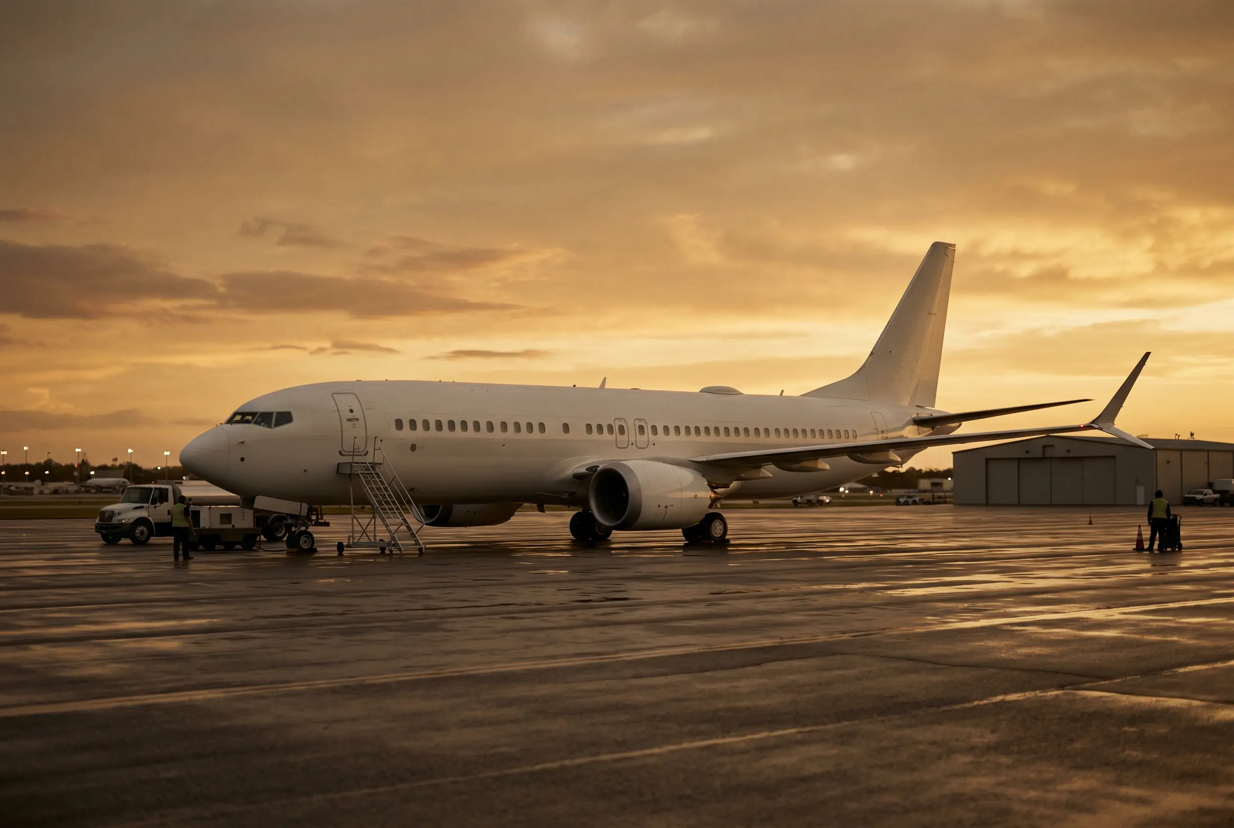 Boeing BBJ MAX 8 parked on a private ramp at dusk before a New York to Miami flight
