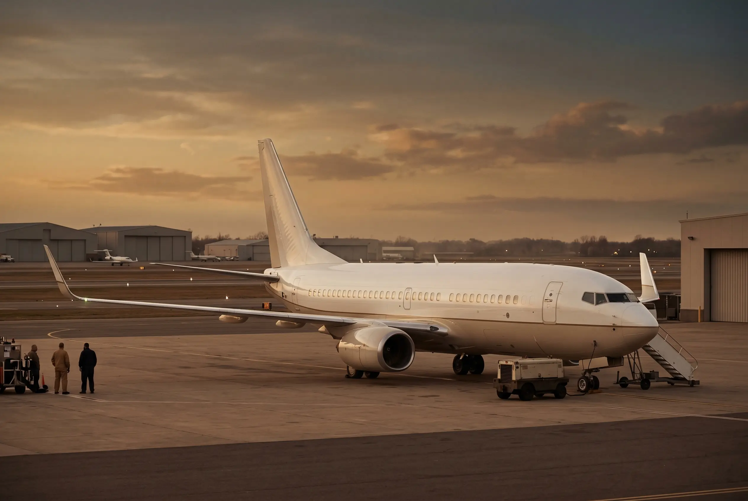 Boeing Business Jet (BBJ) parked on a private ramp at dusk before a New York to Miami flight