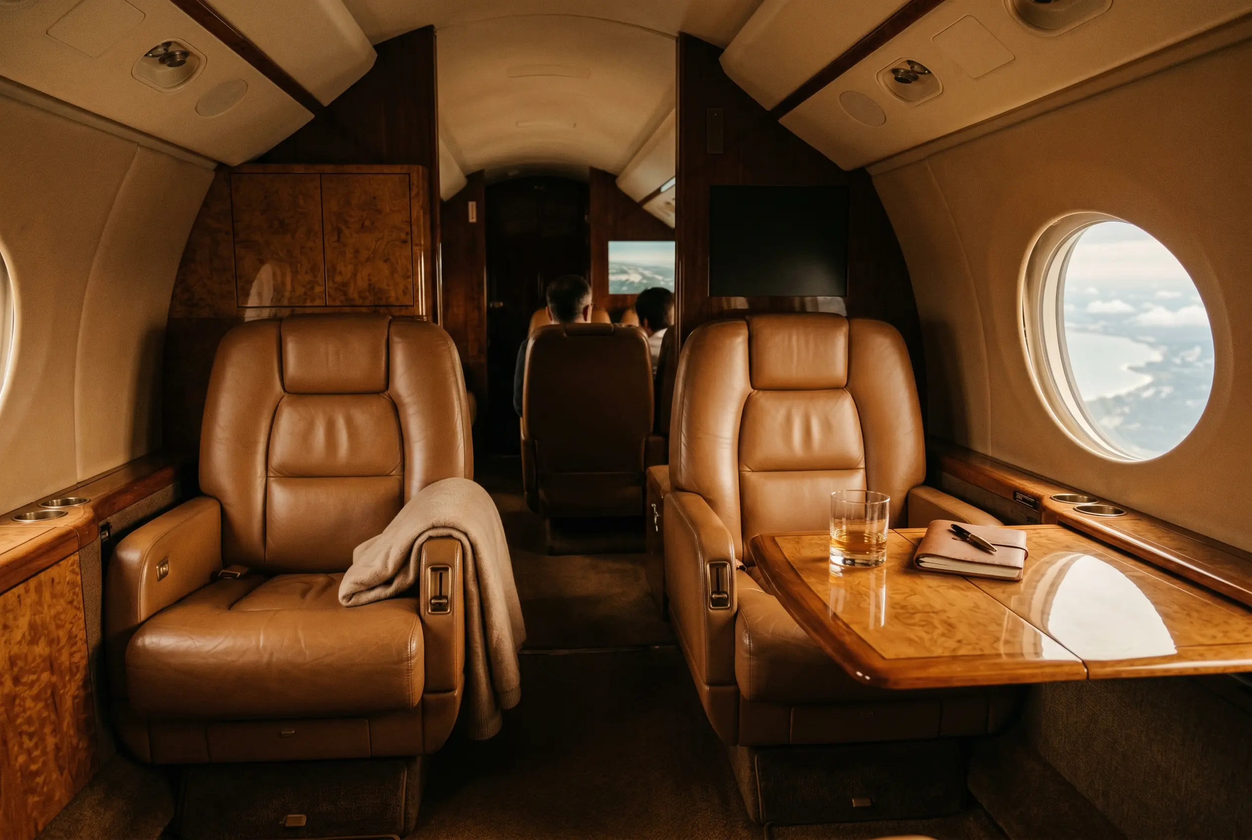 A private-jet cabin for a charter settled in cryptocurrency on the New York to Miami route