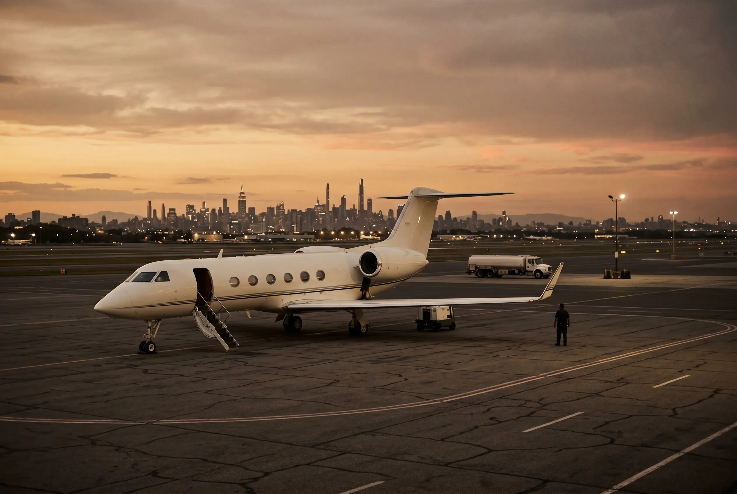 A private jet on the ramp with a distant city skyline at dusk on the New York to Miami route