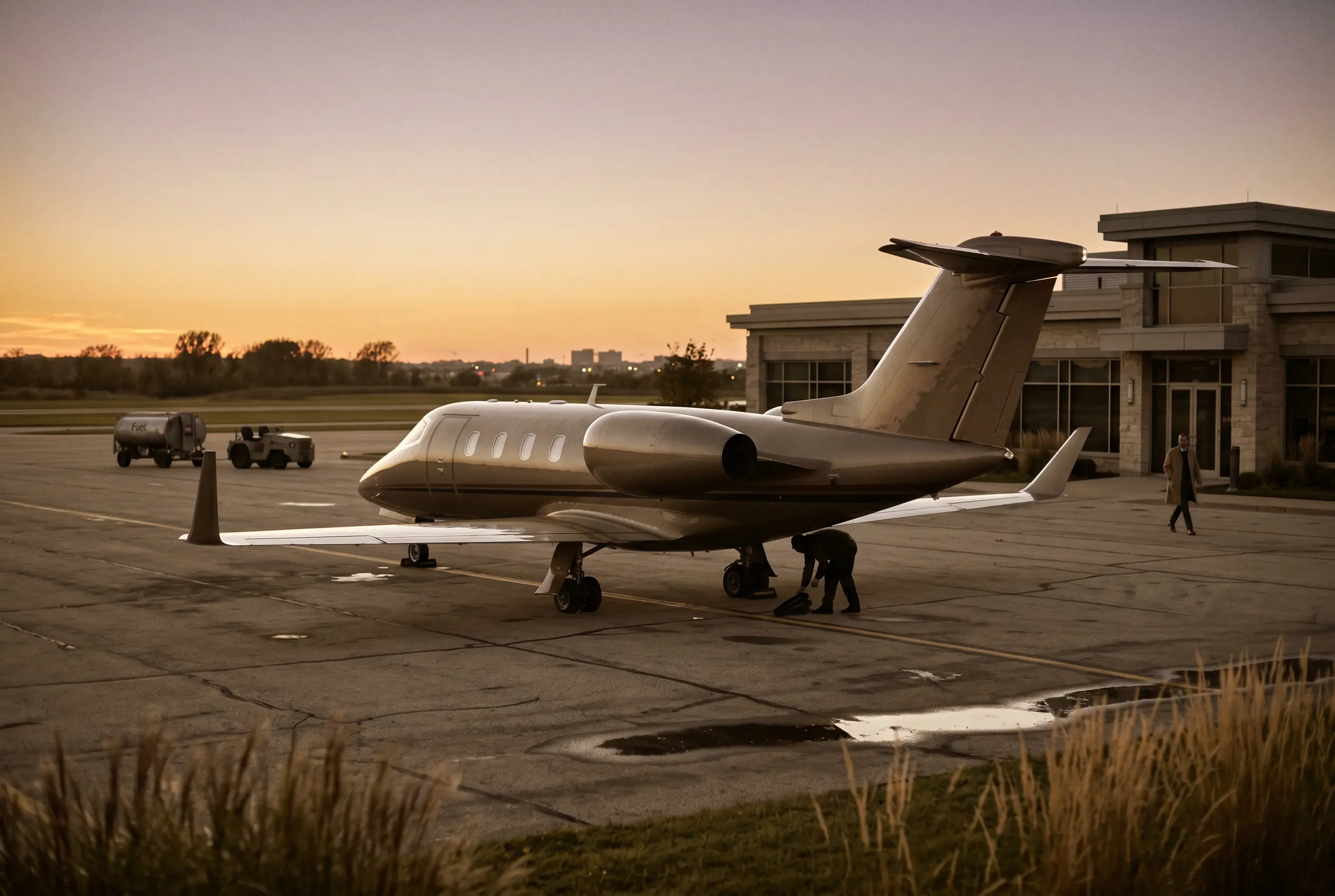 A private jet waiting at an executive terminal before departure on the New York to Miami route
