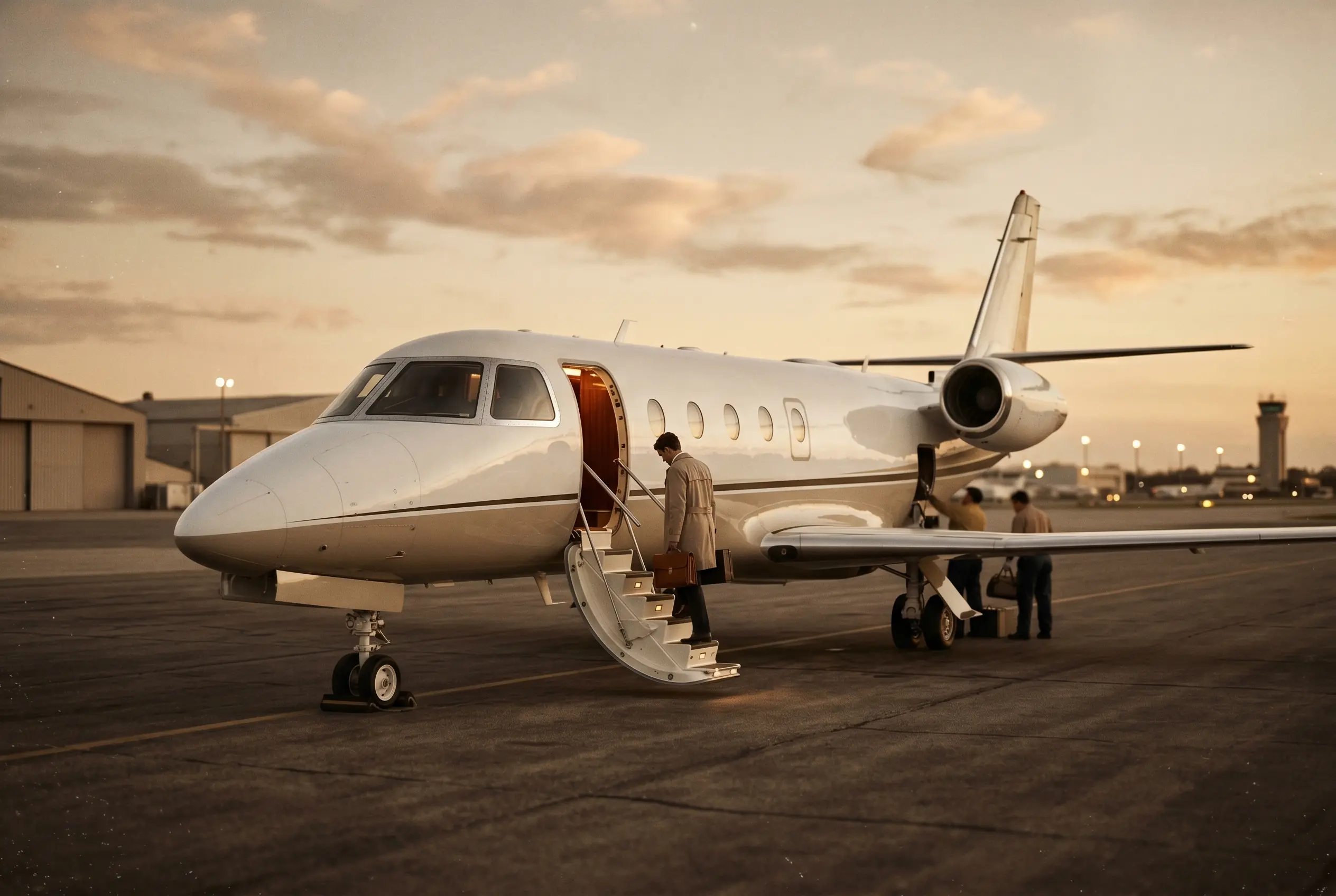 A traveller boarding a private business jet by airstair on the New York to Miami route
