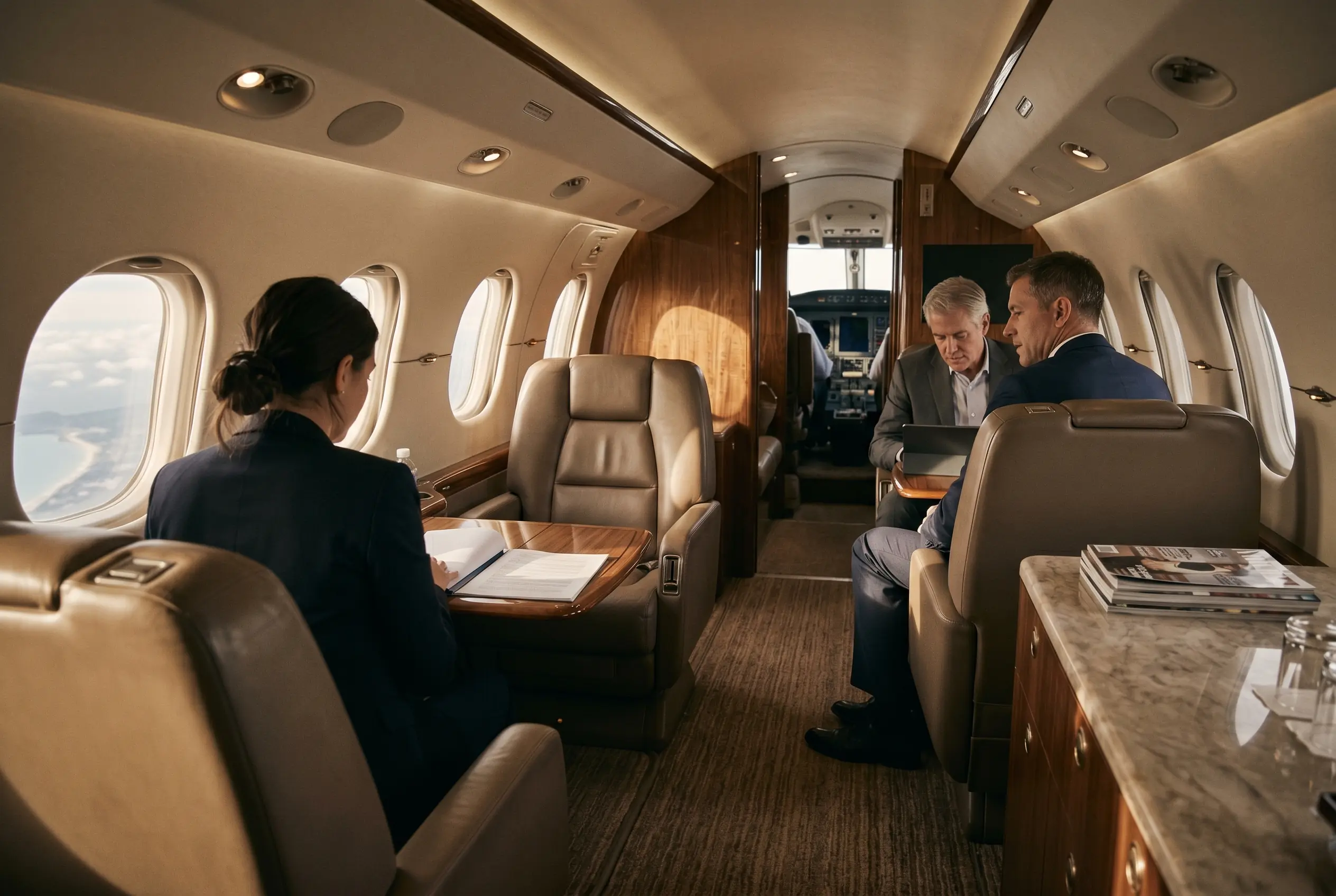 Executives at work in a private business-jet cabin on the New York to Miami route