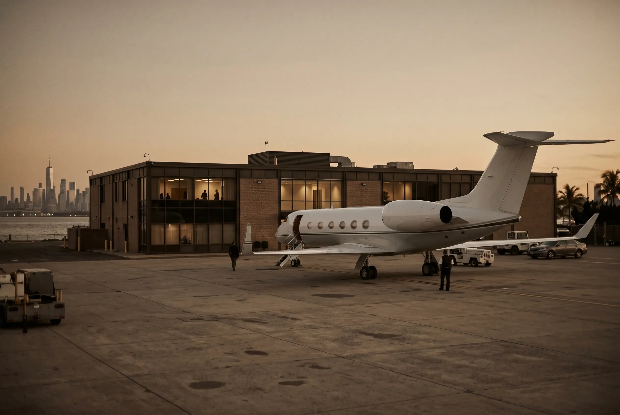 A private jet waiting at a discreet executive terminal on the New York to Miami route