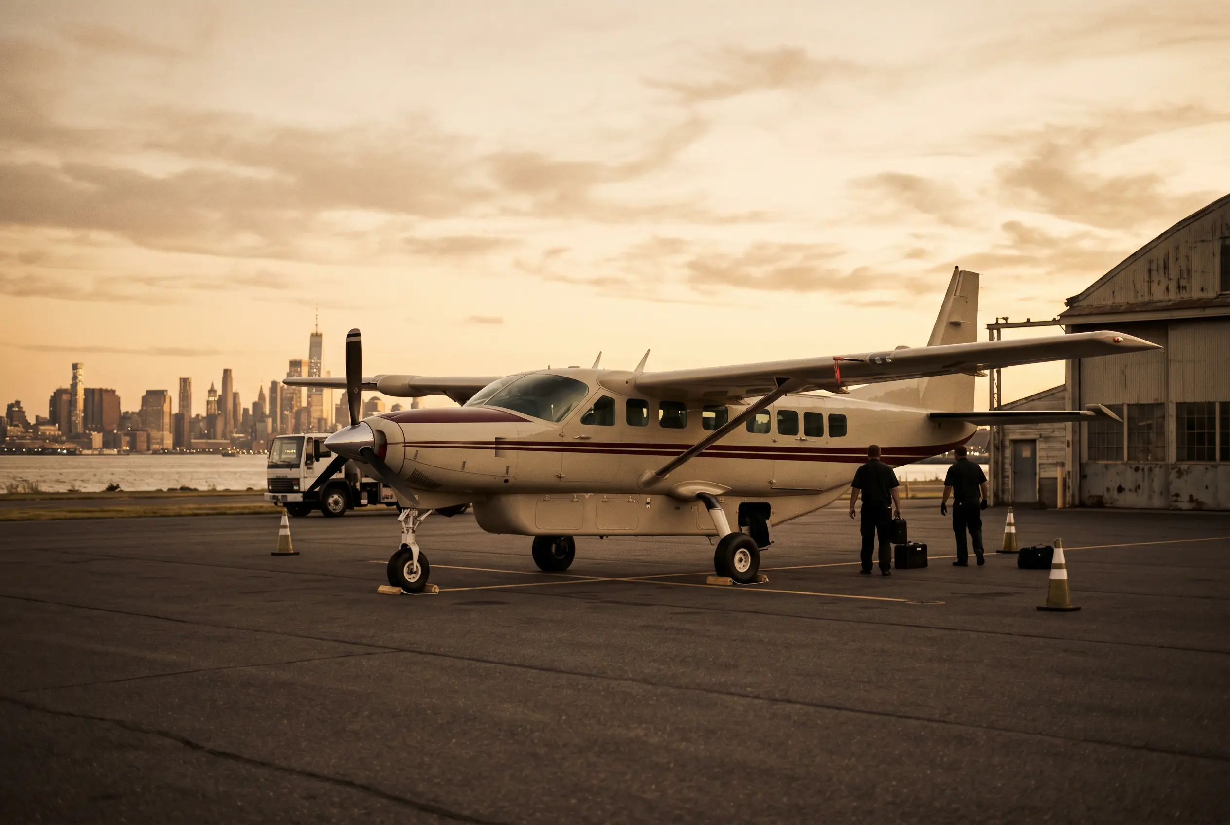 Cessna Grand Caravan EX parked on a private ramp at dusk before a New York to Miami flight