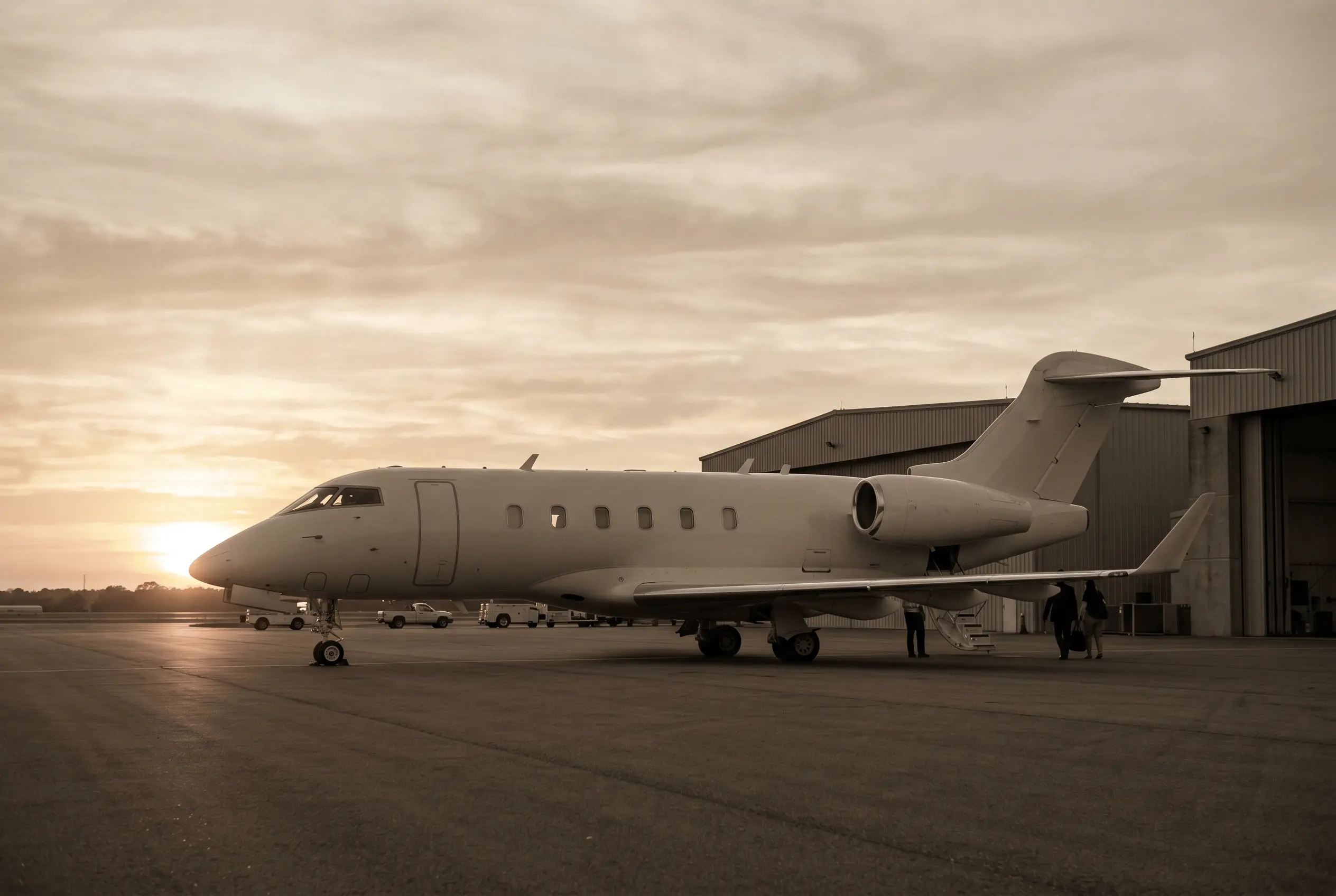 Bombardier Challenger 300 parked on a private ramp at dusk before a New York to Miami flight