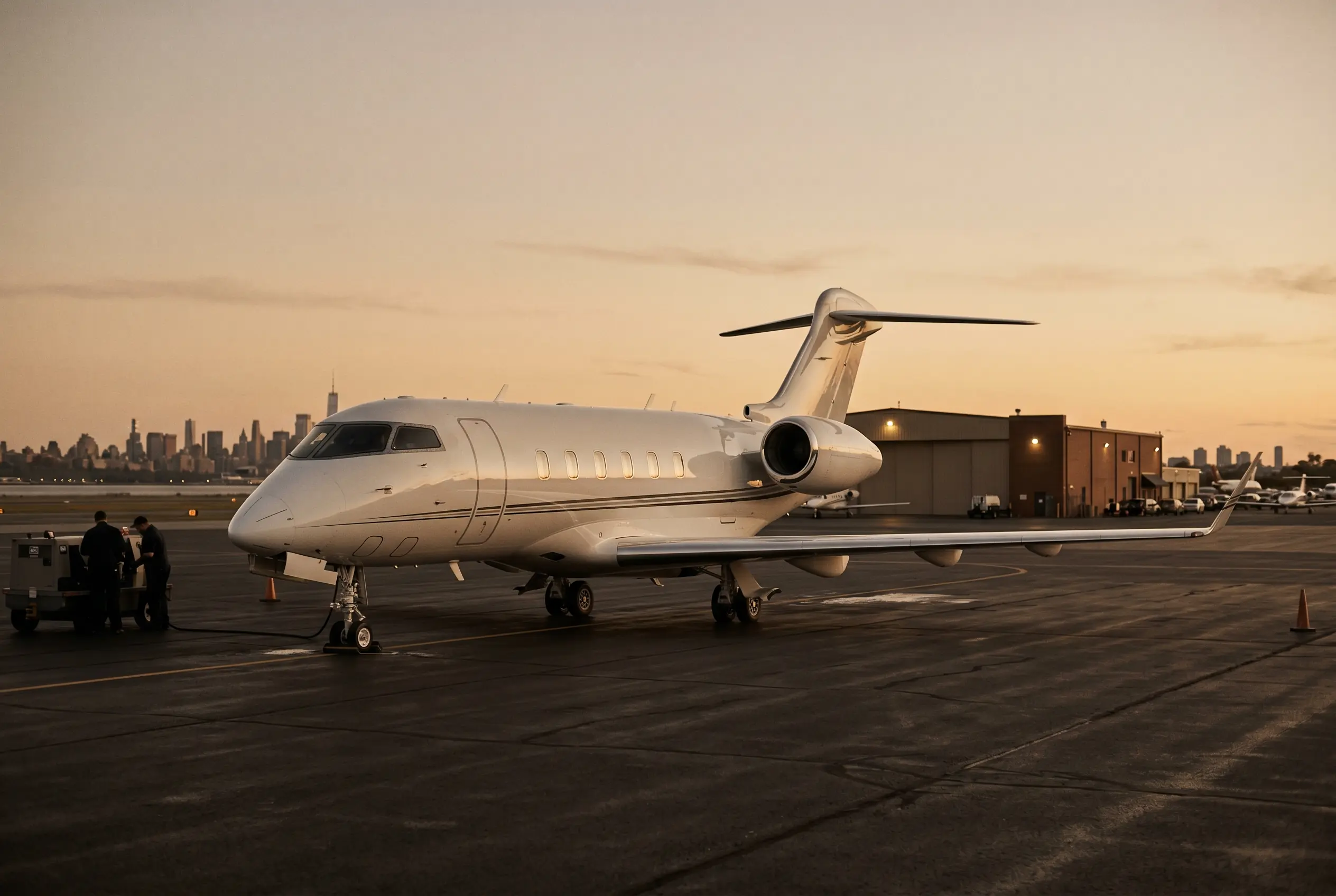 Bombardier Challenger 350 parked on a private ramp at dusk before a New York to Miami flight