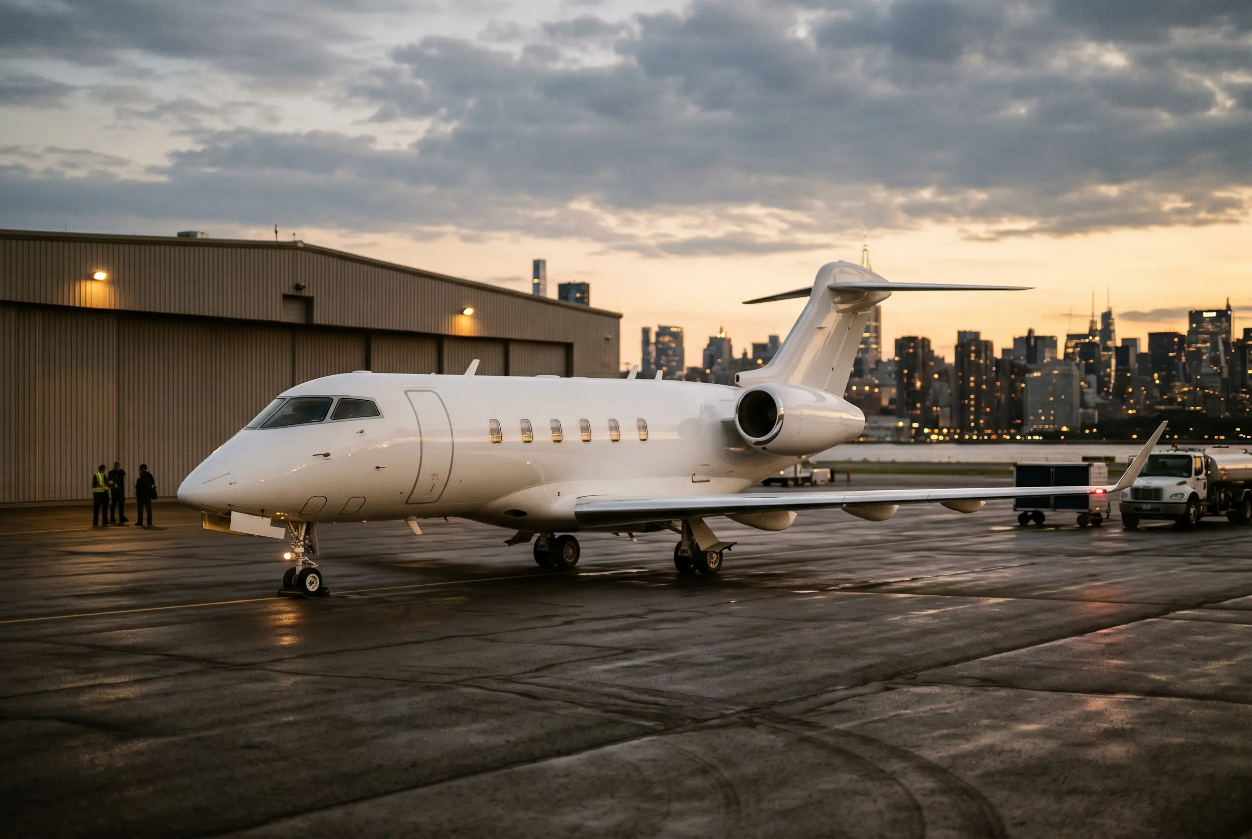 Bombardier Challenger 3500 parked on a private ramp at dusk before a New York to Miami flight