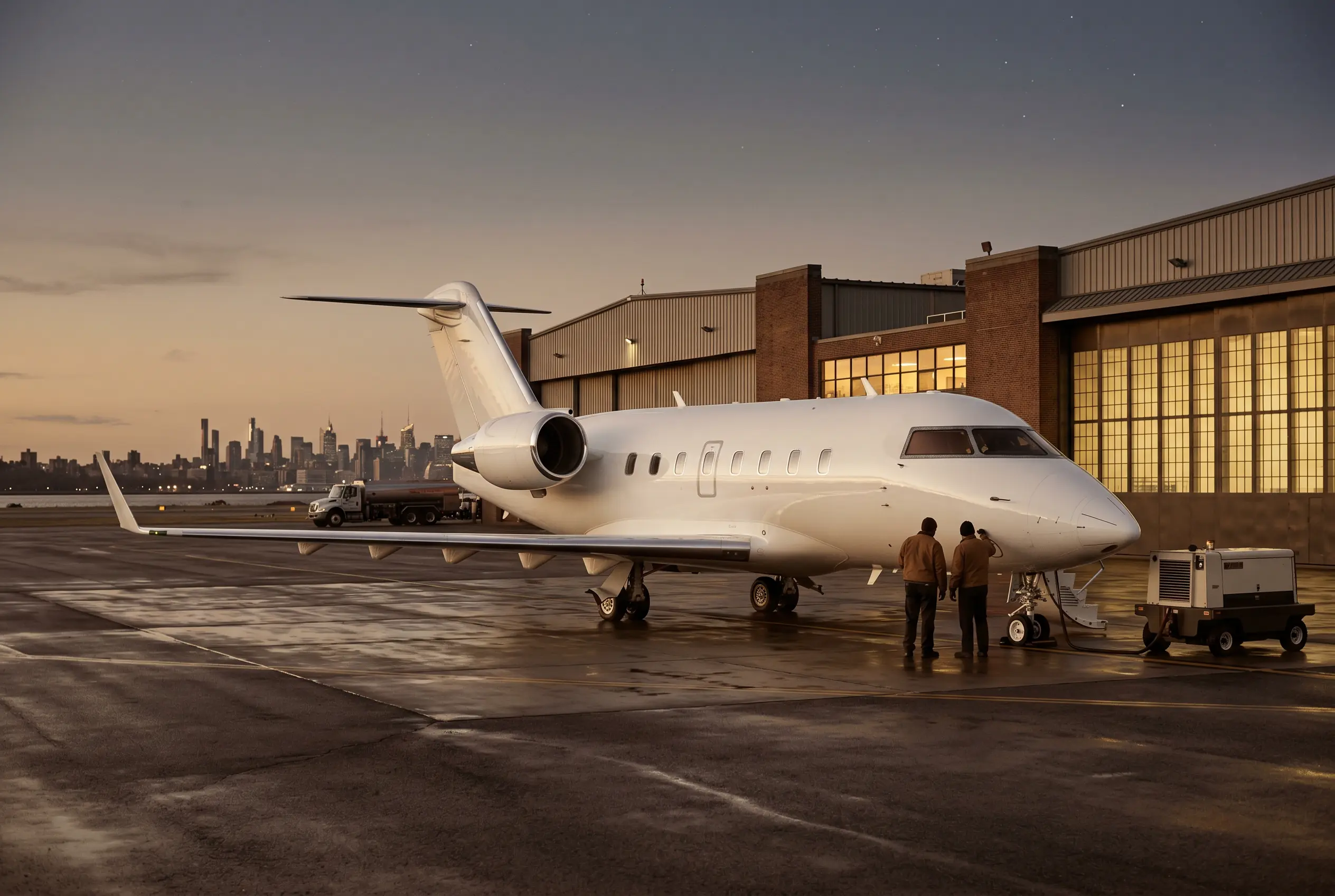 Bombardier Challenger 650 parked on a private ramp at dusk before a New York to Miami flight