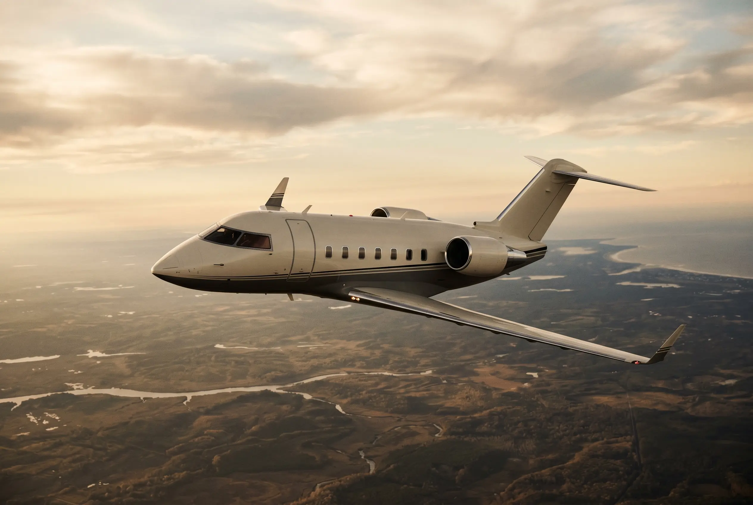 Bombardier Challenger 650 in flight at altitude en route from New York to Miami
