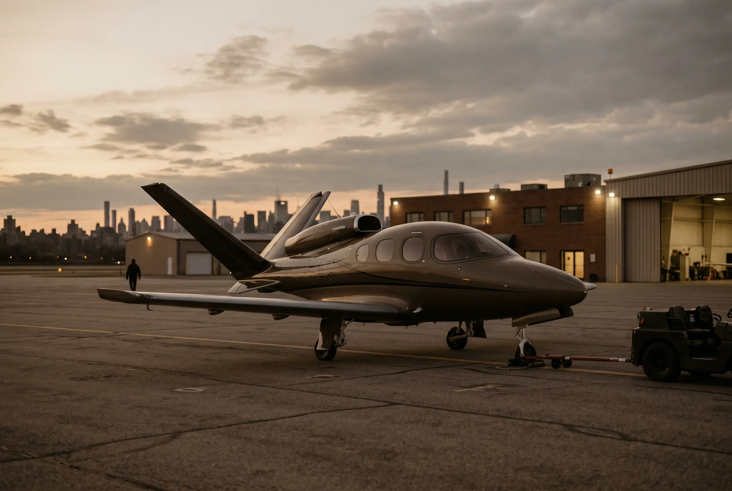 Cirrus Vision Jet G2+ parked on a private ramp at dusk before a New York to Miami flight