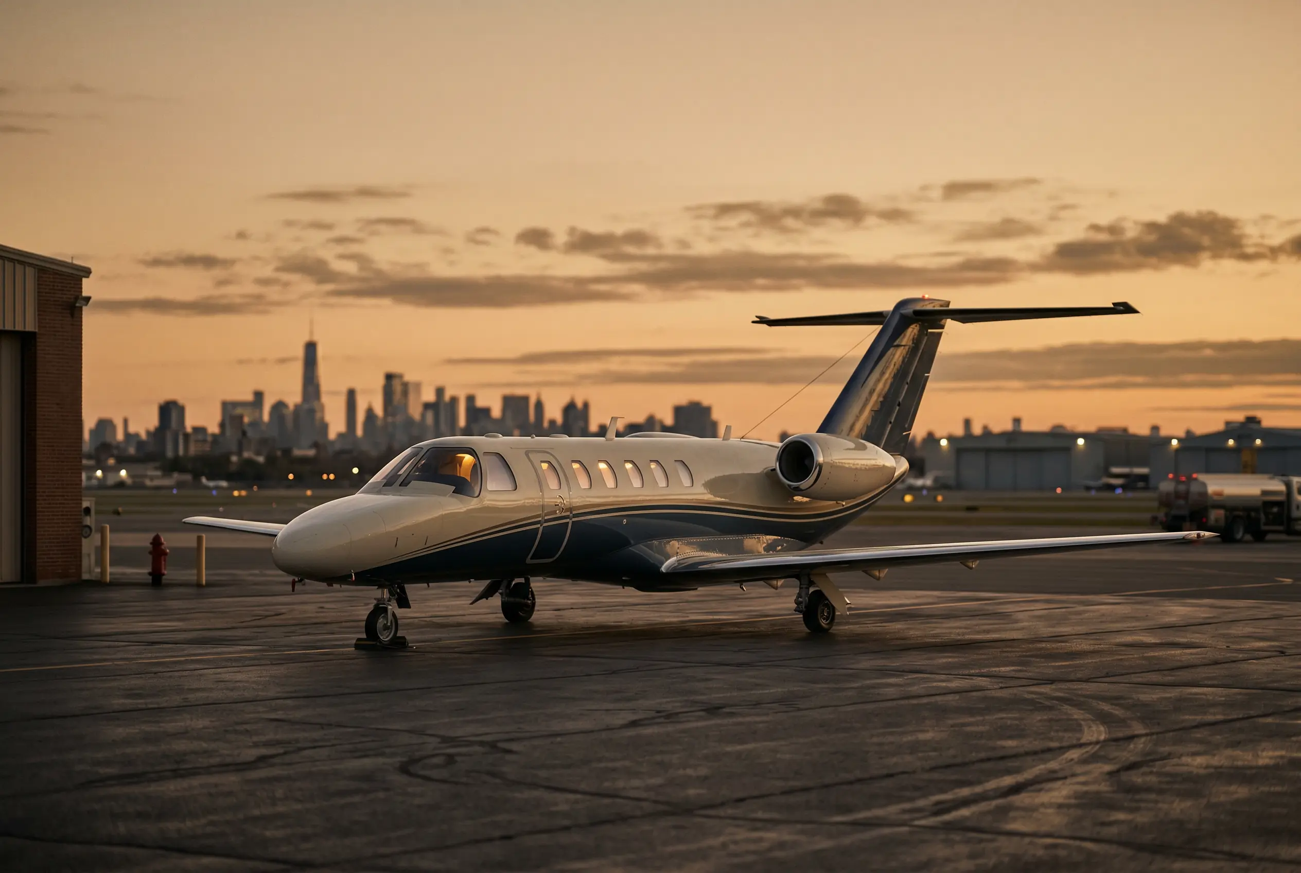 Cessna Citation CJ3+ parked on a private ramp at dusk before a New York to Miami flight