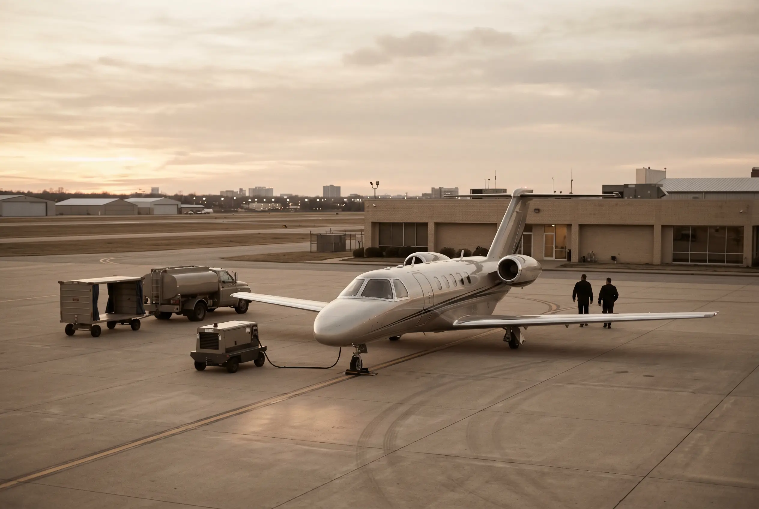 Cessna Citation CJ4 Gen2 parked on a private ramp at dusk before a New York to Miami flight