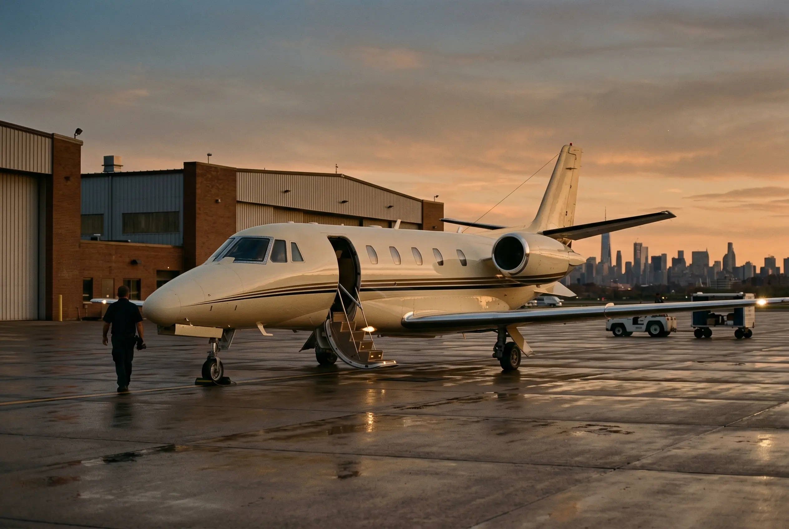 Cessna Citation Excel parked on a private ramp at dusk before a New York to Miami flight
