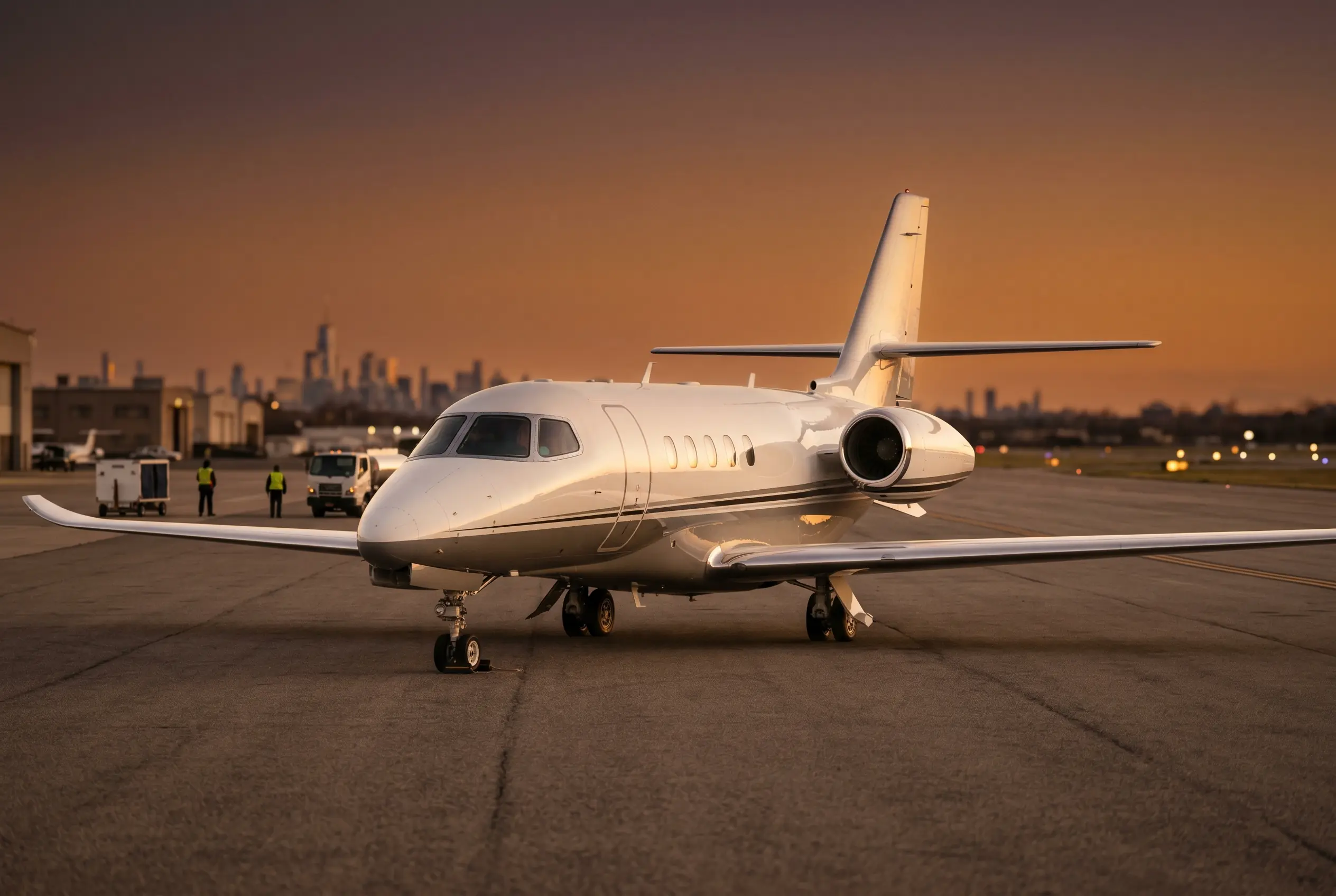 Cessna Citation Latitude parked on a private ramp at dusk before a New York to Miami flight