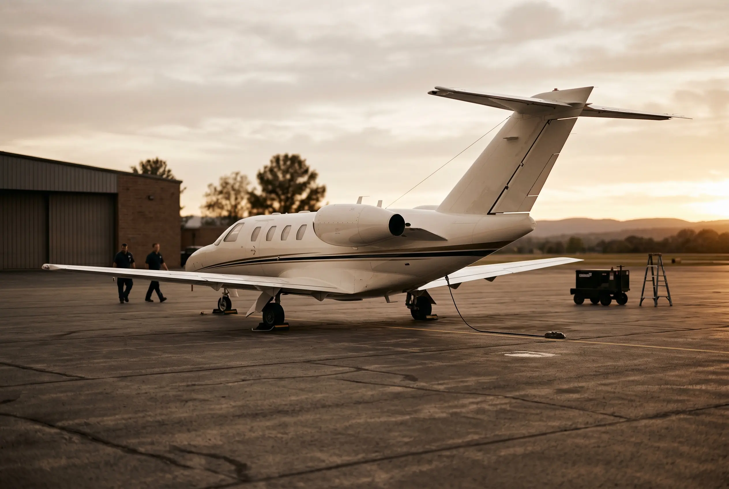 Cessna Citation M2 Gen2 parked on a private ramp at dusk before a New York to Miami flight