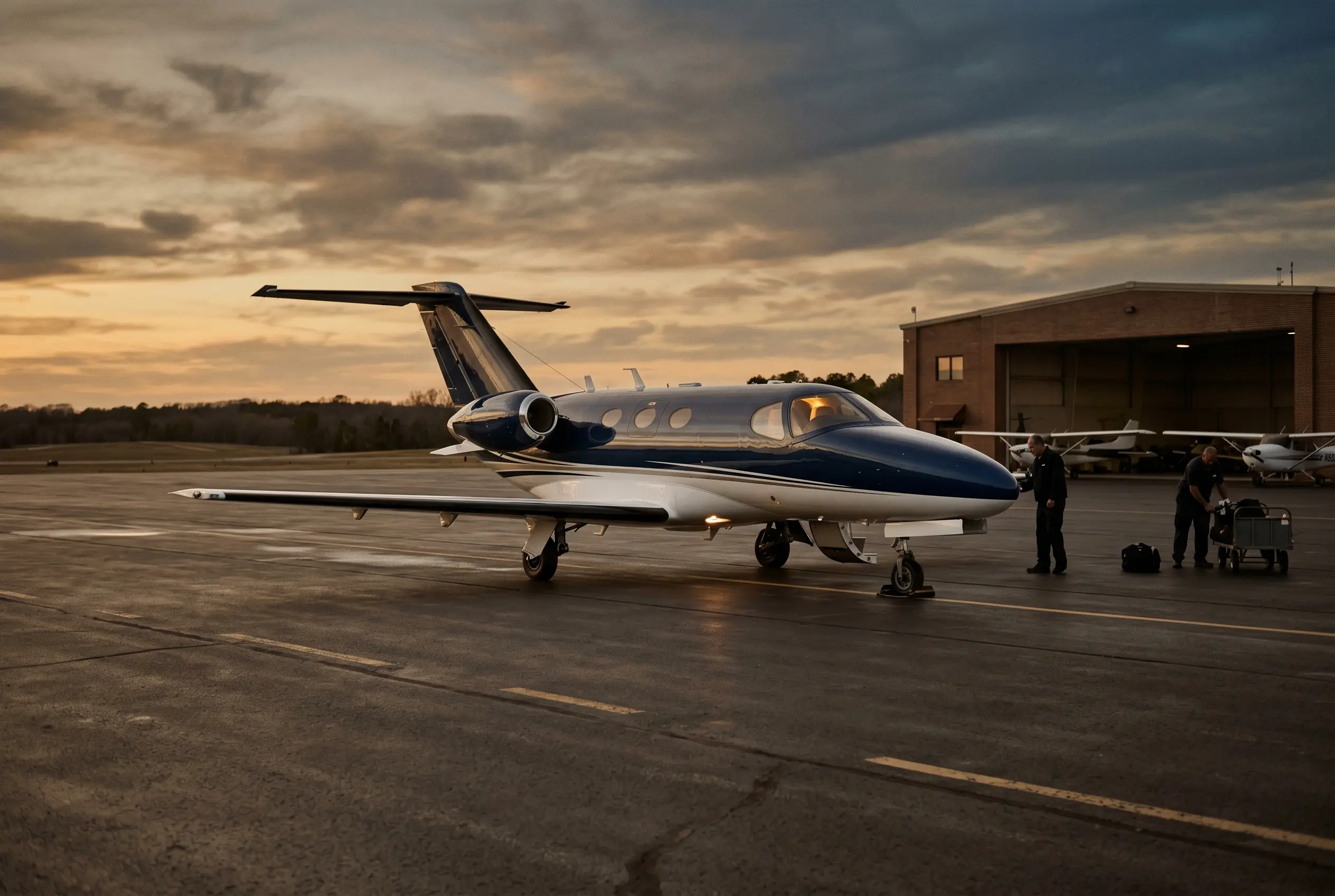 Cessna Citation Mustang parked on a private ramp at dusk before a New York to Miami flight