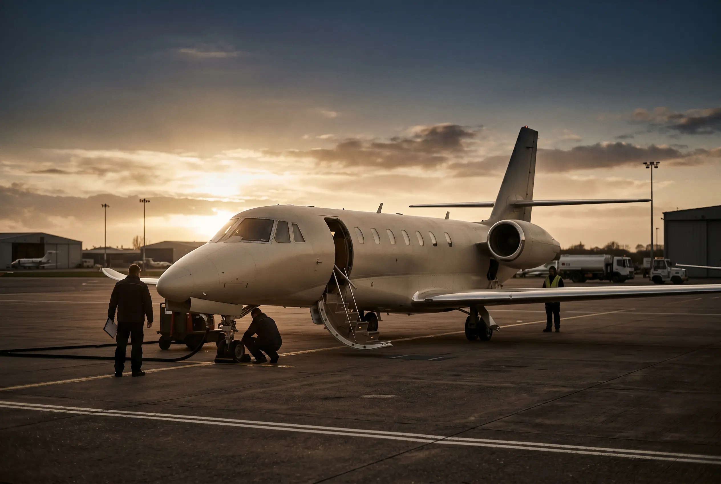 Cessna Citation Sovereign+ parked on a private ramp at dusk before a New York to Miami flight