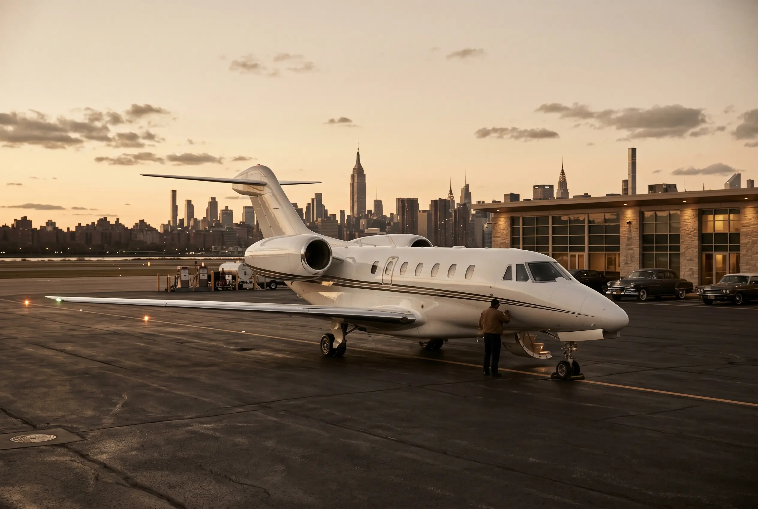 Cessna Citation X parked on a private ramp at dusk before a New York to Miami flight