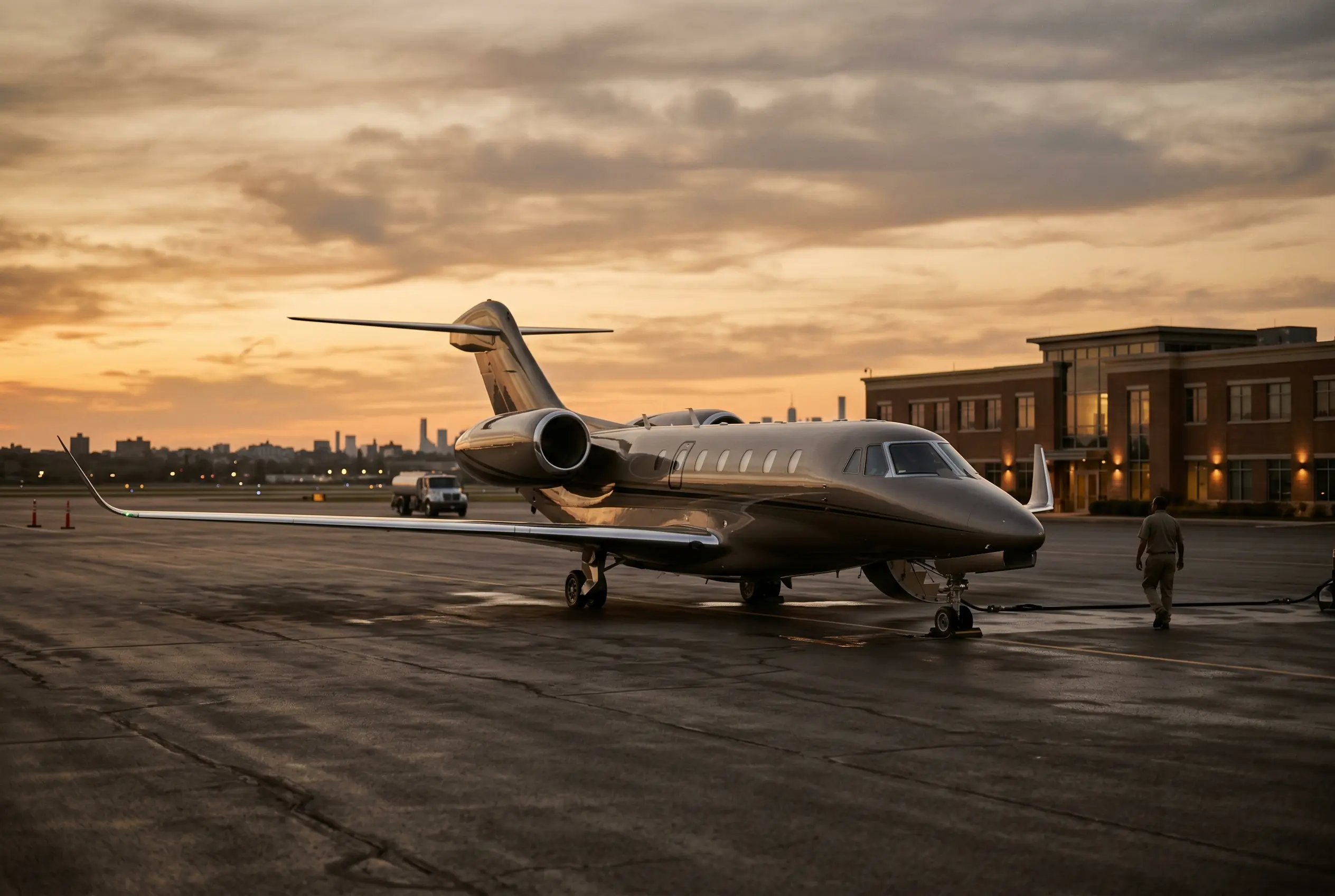 Cessna Citation X+ parked on a private ramp at dusk before a New York to Miami flight