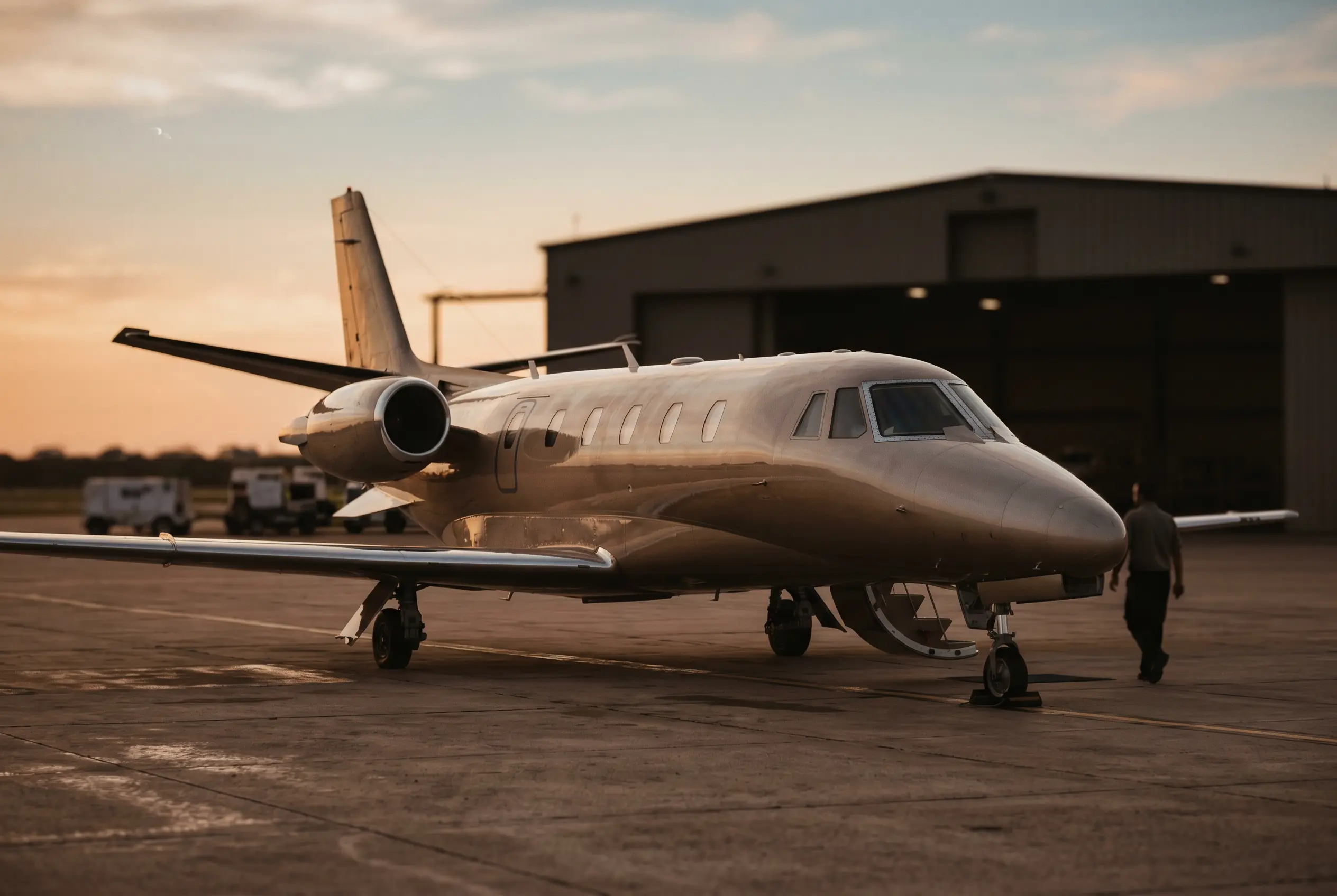 Cessna Citation XLS+ parked on a private ramp at dusk before a New York to Miami flight