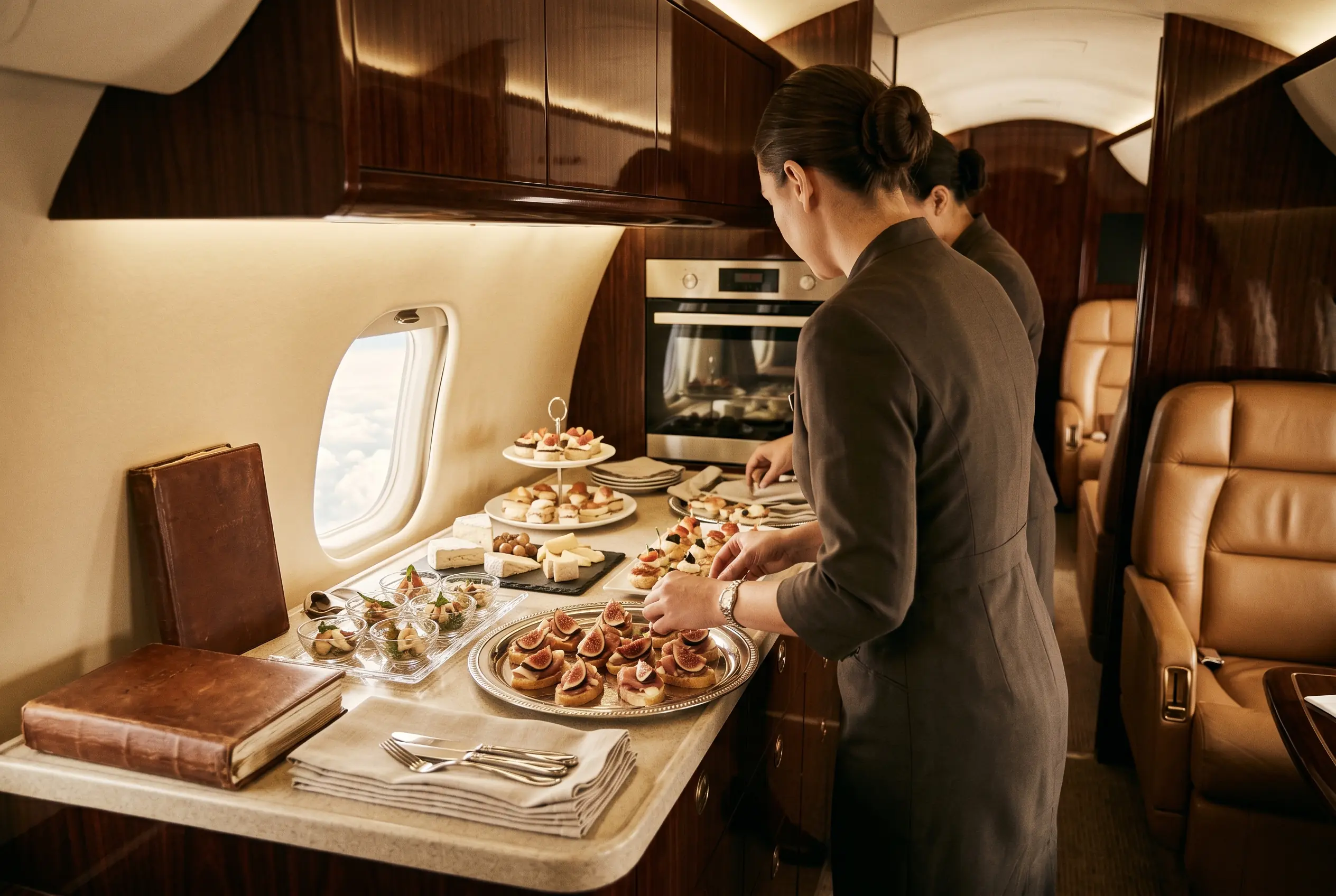 Fine catering being prepared and laid out in a private-jet galley on the New York to Miami route