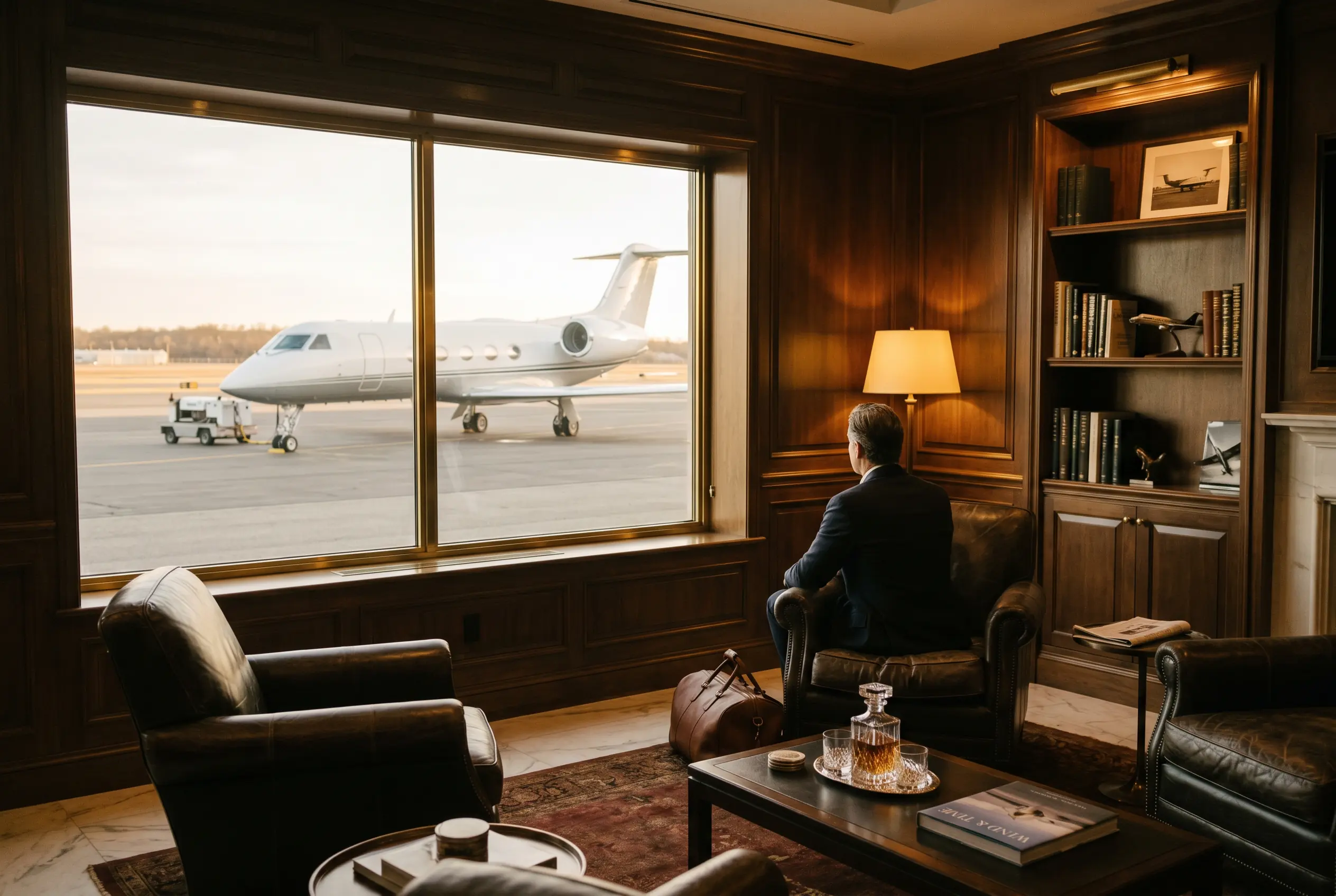 A private terminal lounge appointed for a departing traveller on the New York to Miami route