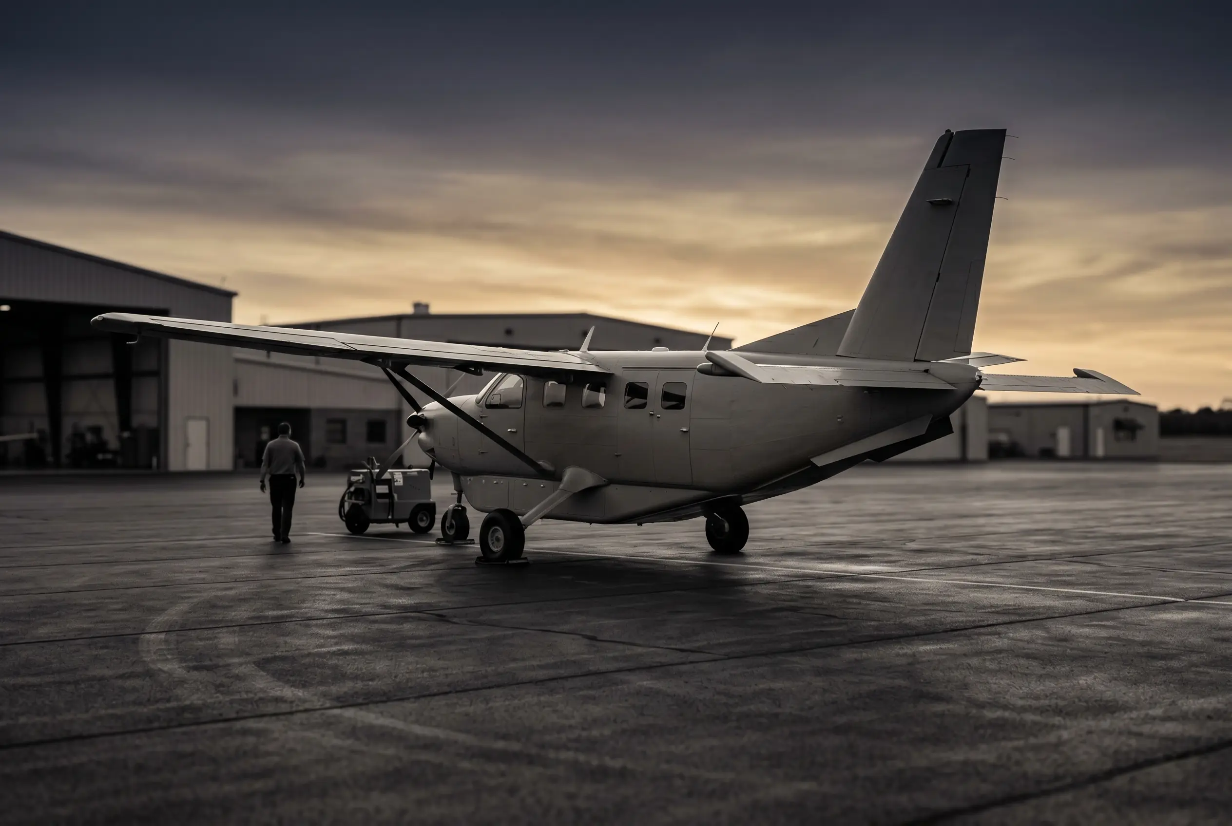 Daher Kodiak 900 parked on a private ramp at dusk before a New York to Miami flight