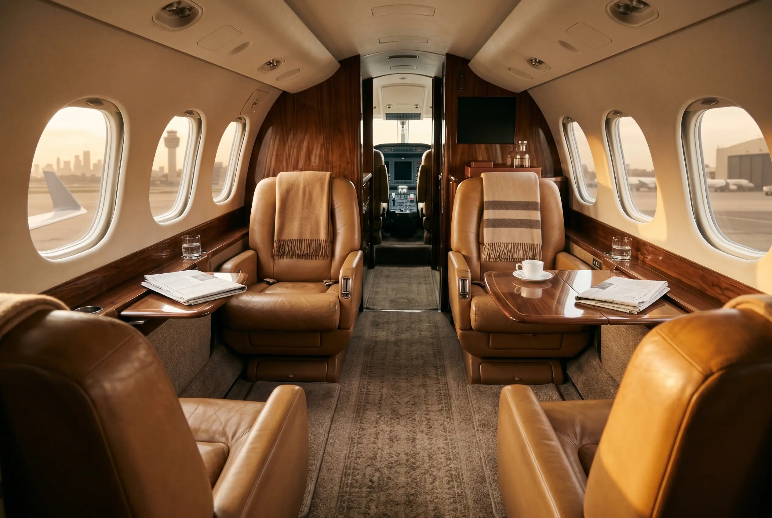 The empty cabin of a private jet ready for a one-way leg on the New York to Miami route