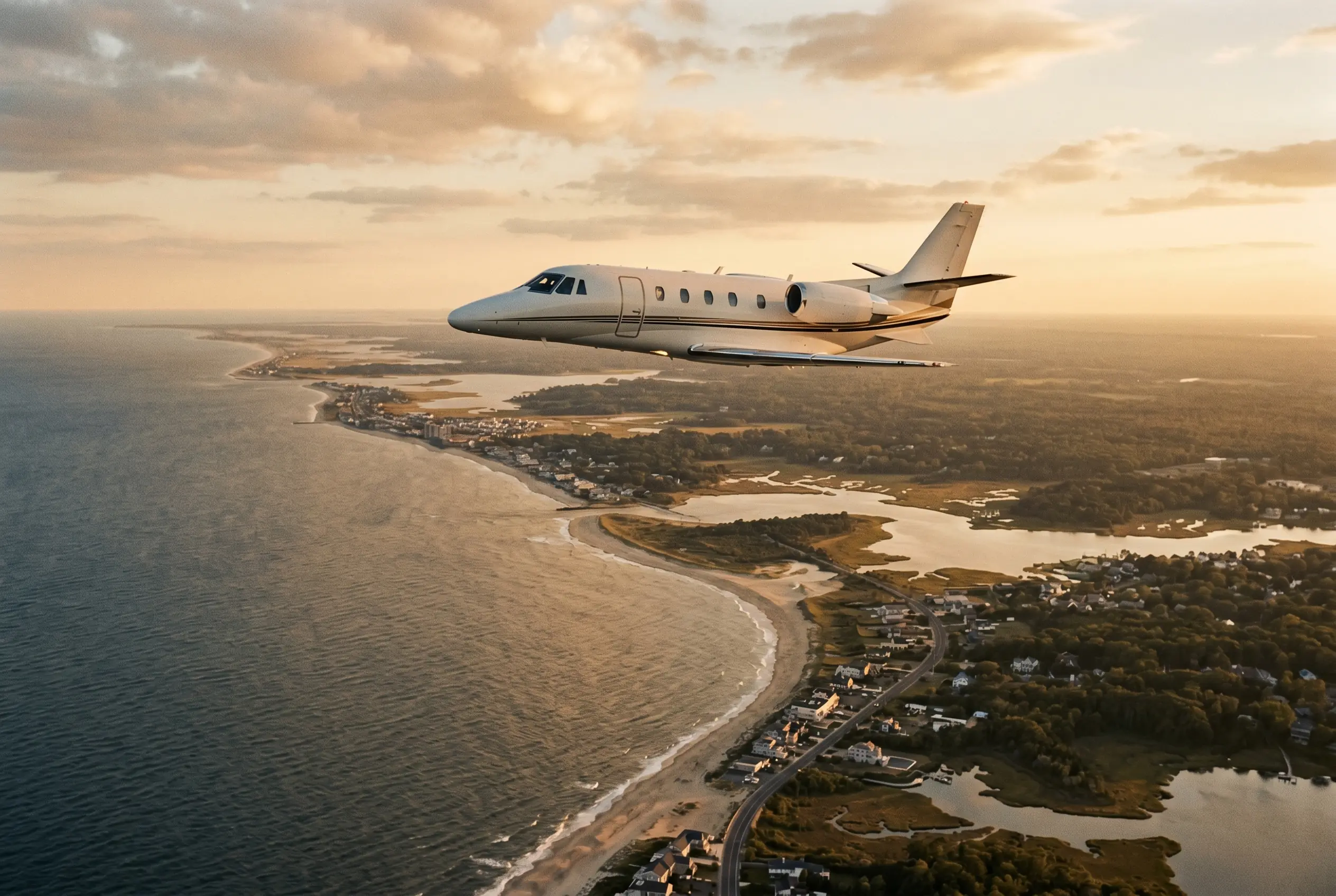 A private jet in flight along the Eastern Seaboard coastline on the New York to Miami route