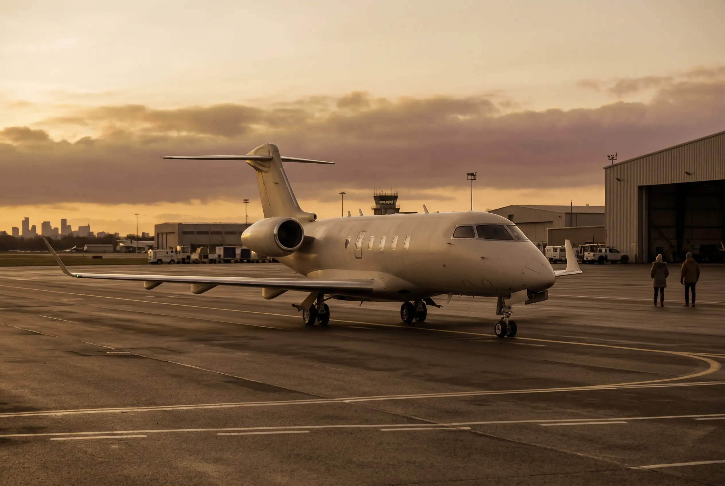 A repositioning private jet on a quiet ramp at golden hour on the New York to Miami route