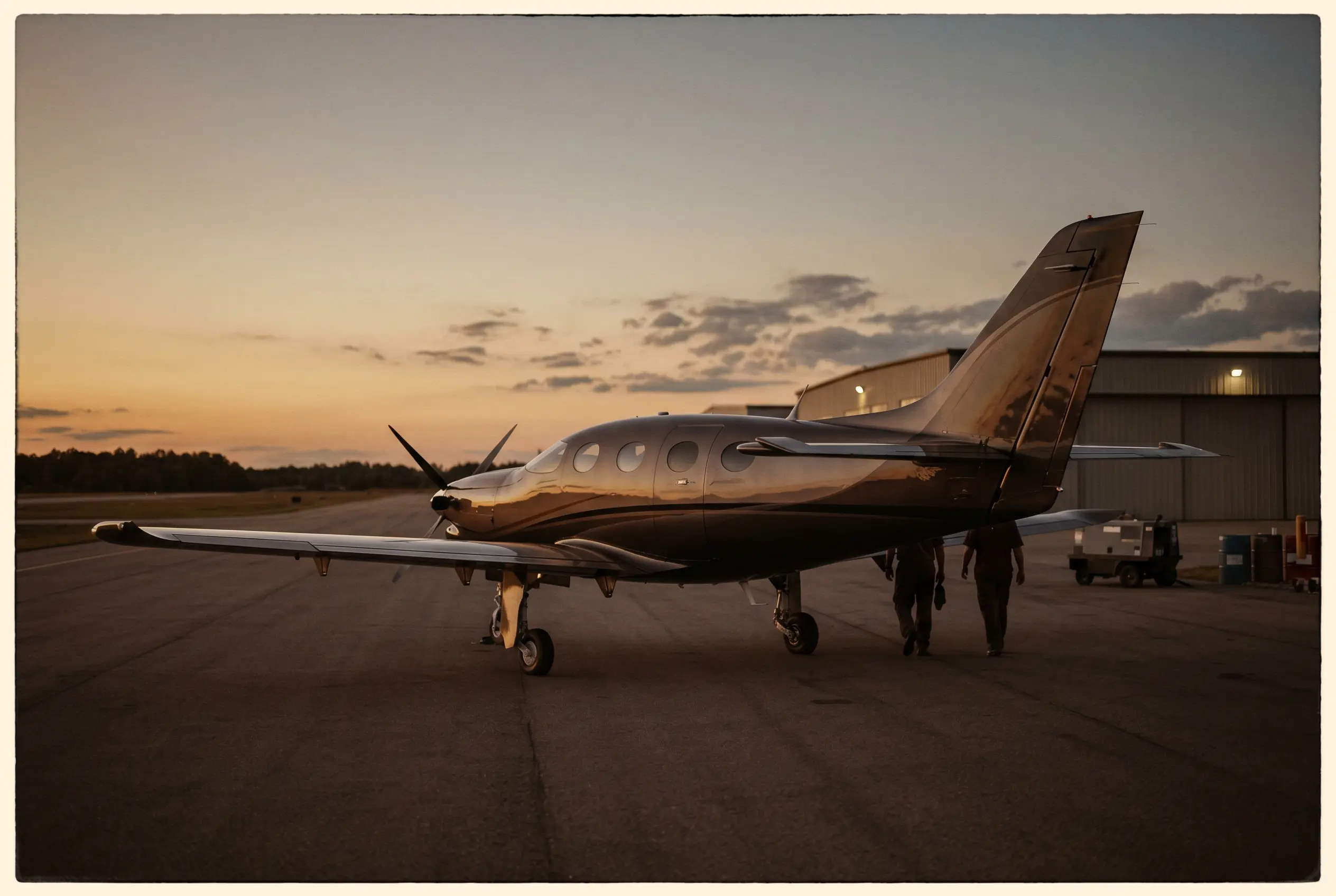 Epic E1000 GX parked on a private ramp at dusk before a New York to Miami flight