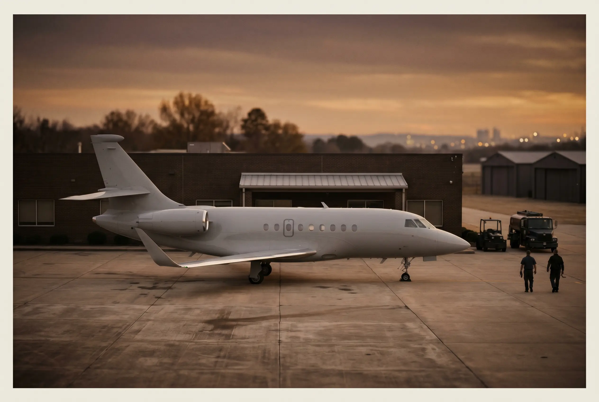 Dassault Falcon 2000LXS parked on a private ramp at dusk before a New York to Miami flight