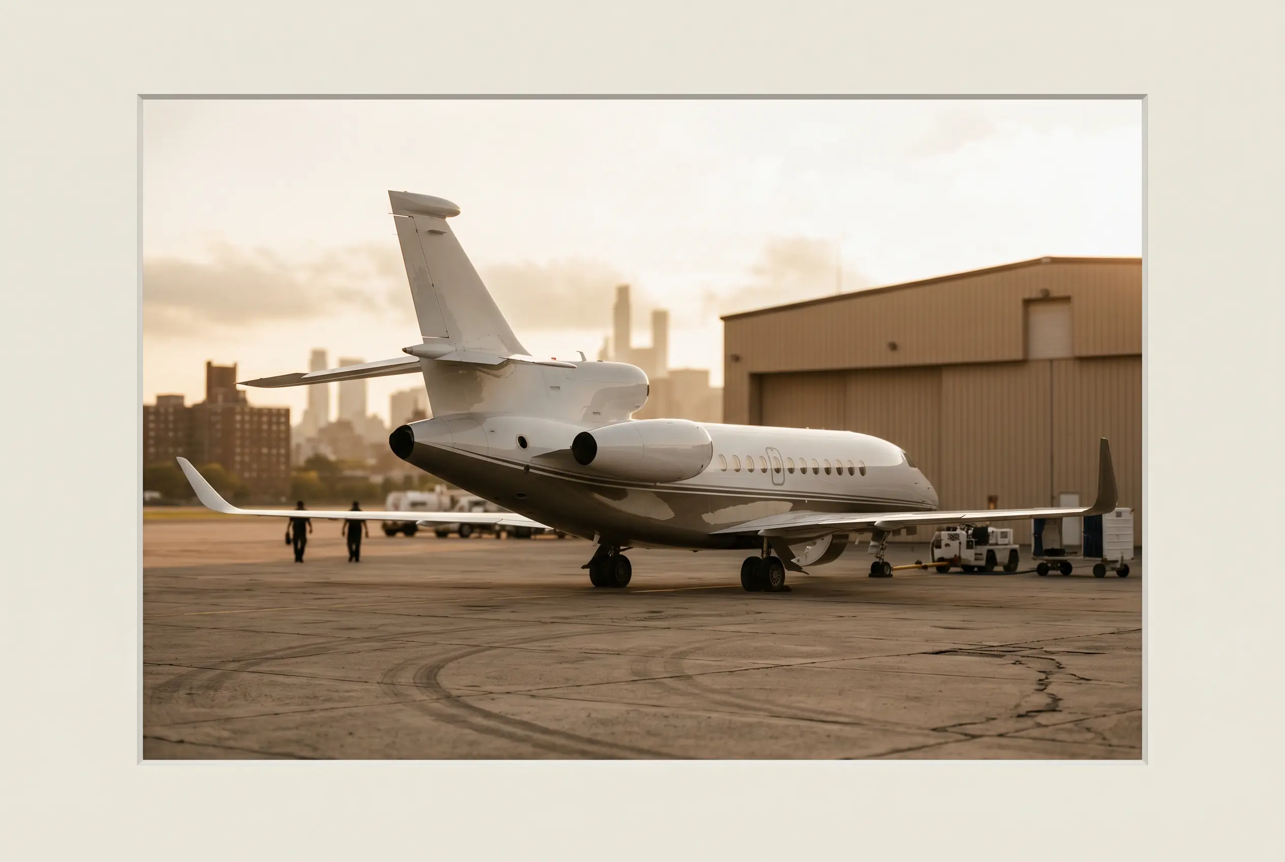 Dassault Falcon 7X parked on a private ramp at dusk before a New York to Miami flight