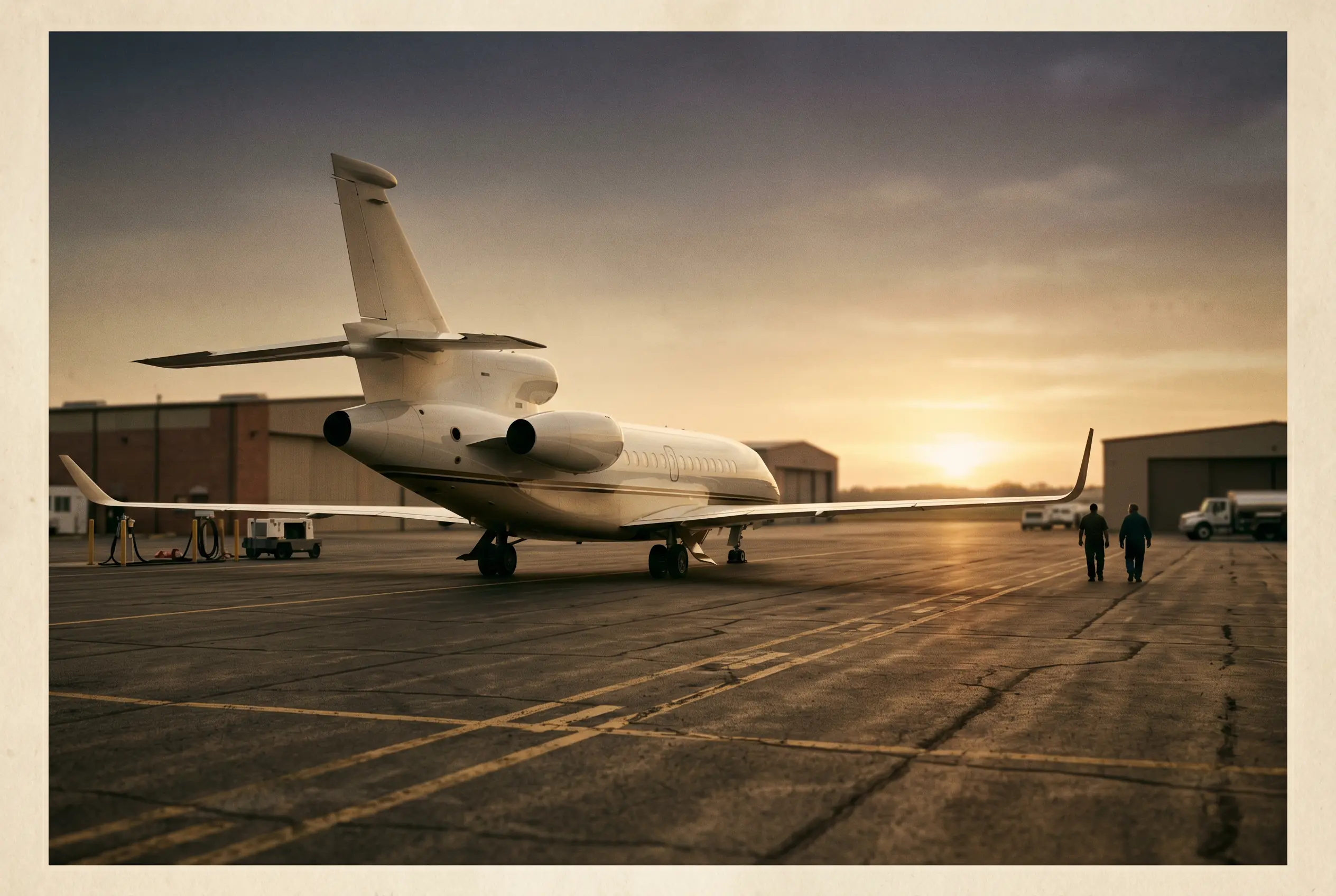 Dassault Falcon 8X parked on a private ramp at dusk before a New York to Miami flight