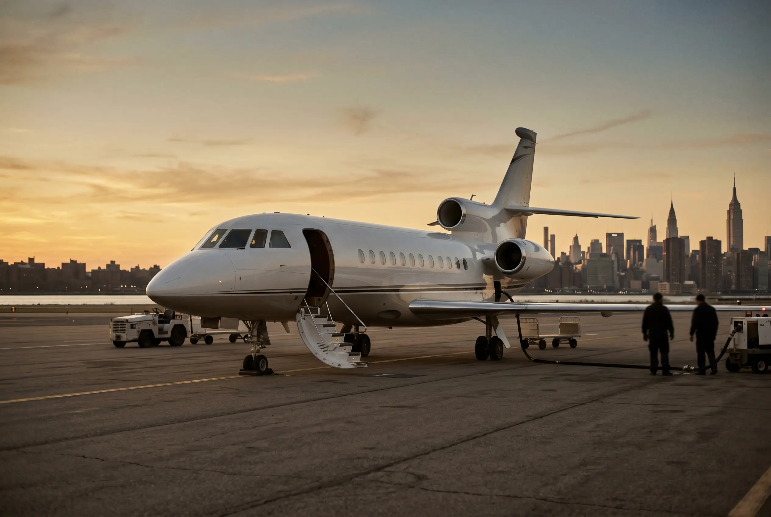 Dassault Falcon 900LX parked on a private ramp at dusk before a New York to Miami flight