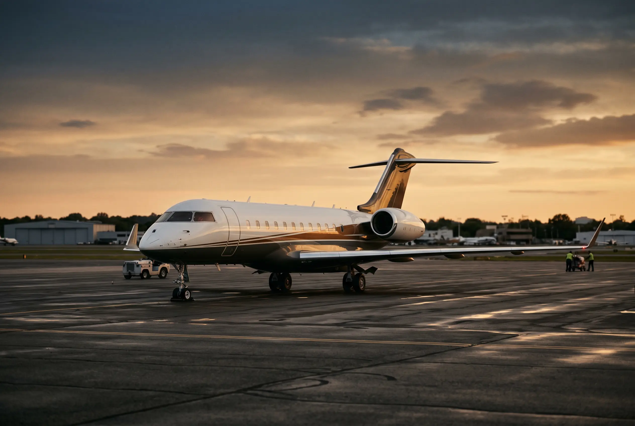 Bombardier Global 5000 parked on a private ramp at dusk before a New York to Miami flight
