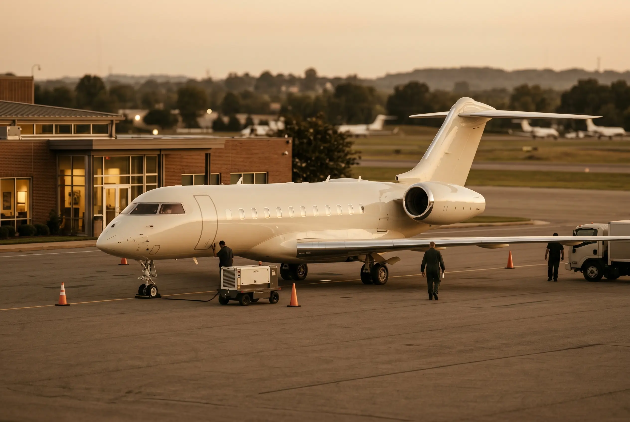Bombardier Global 5500 parked on a private ramp at dusk before a New York to Miami flight