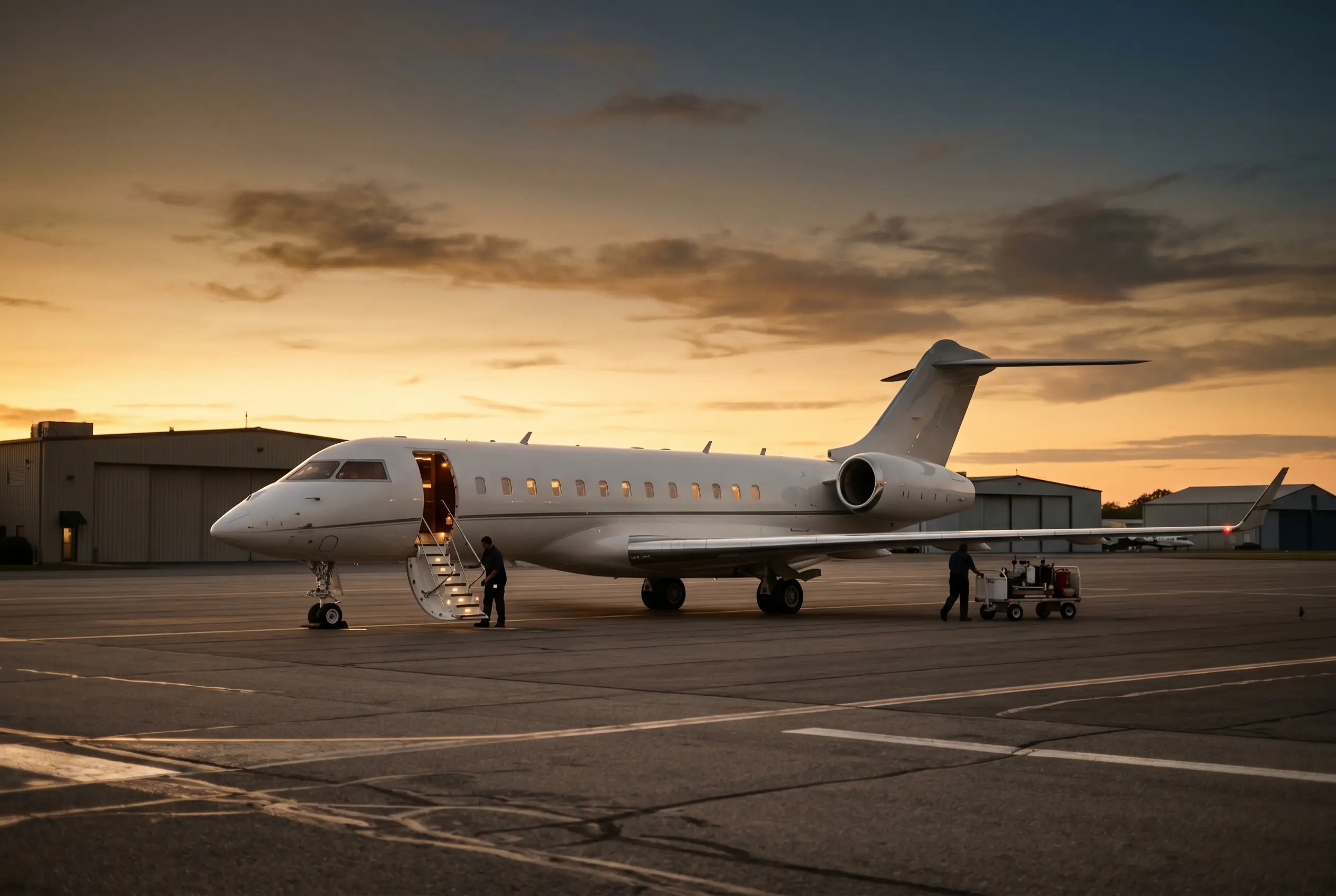 Bombardier Global 6000 parked on a private ramp at dusk before a New York to Miami flight
