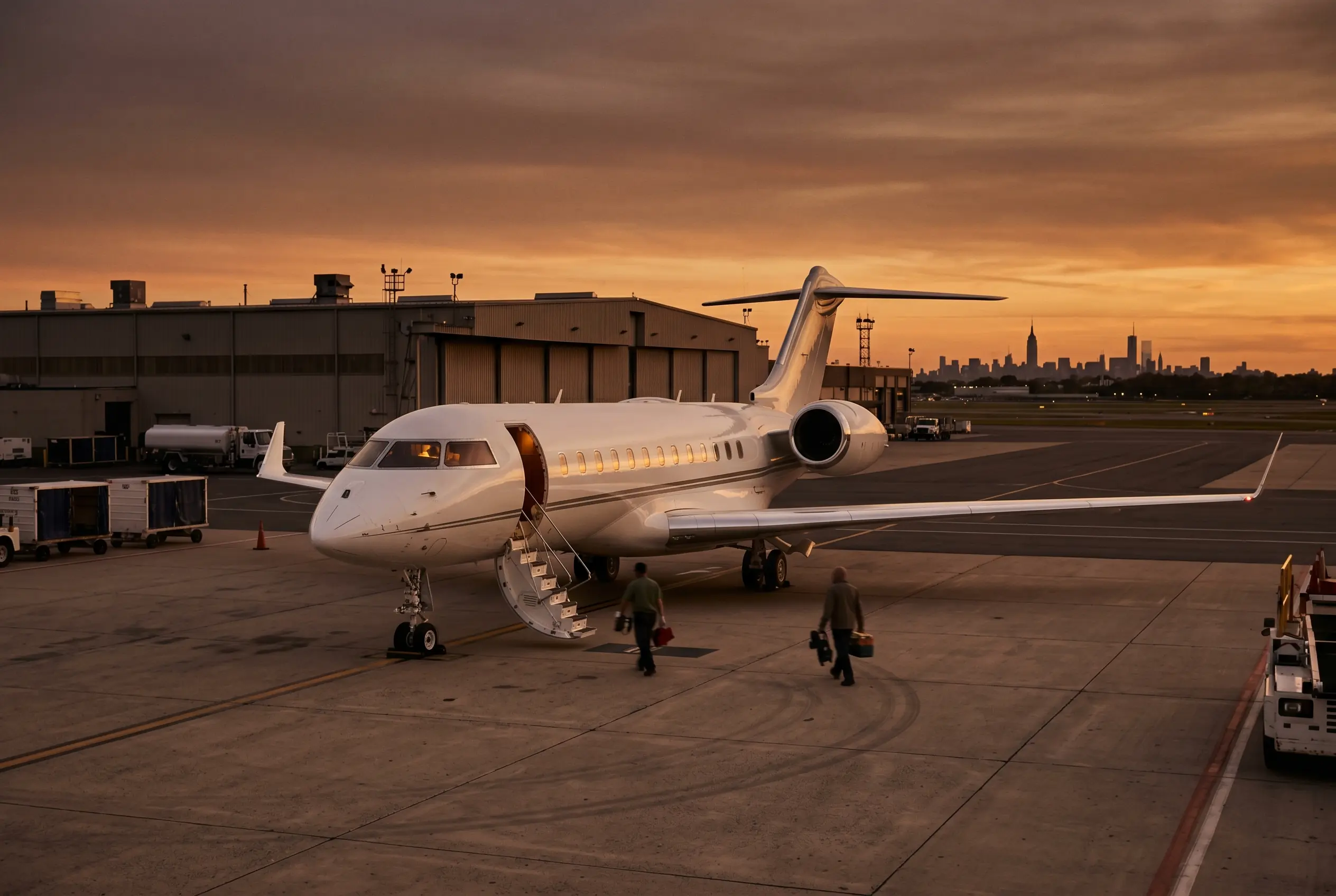 Bombardier Global 6500 parked on a private ramp at dusk before a New York to Miami flight