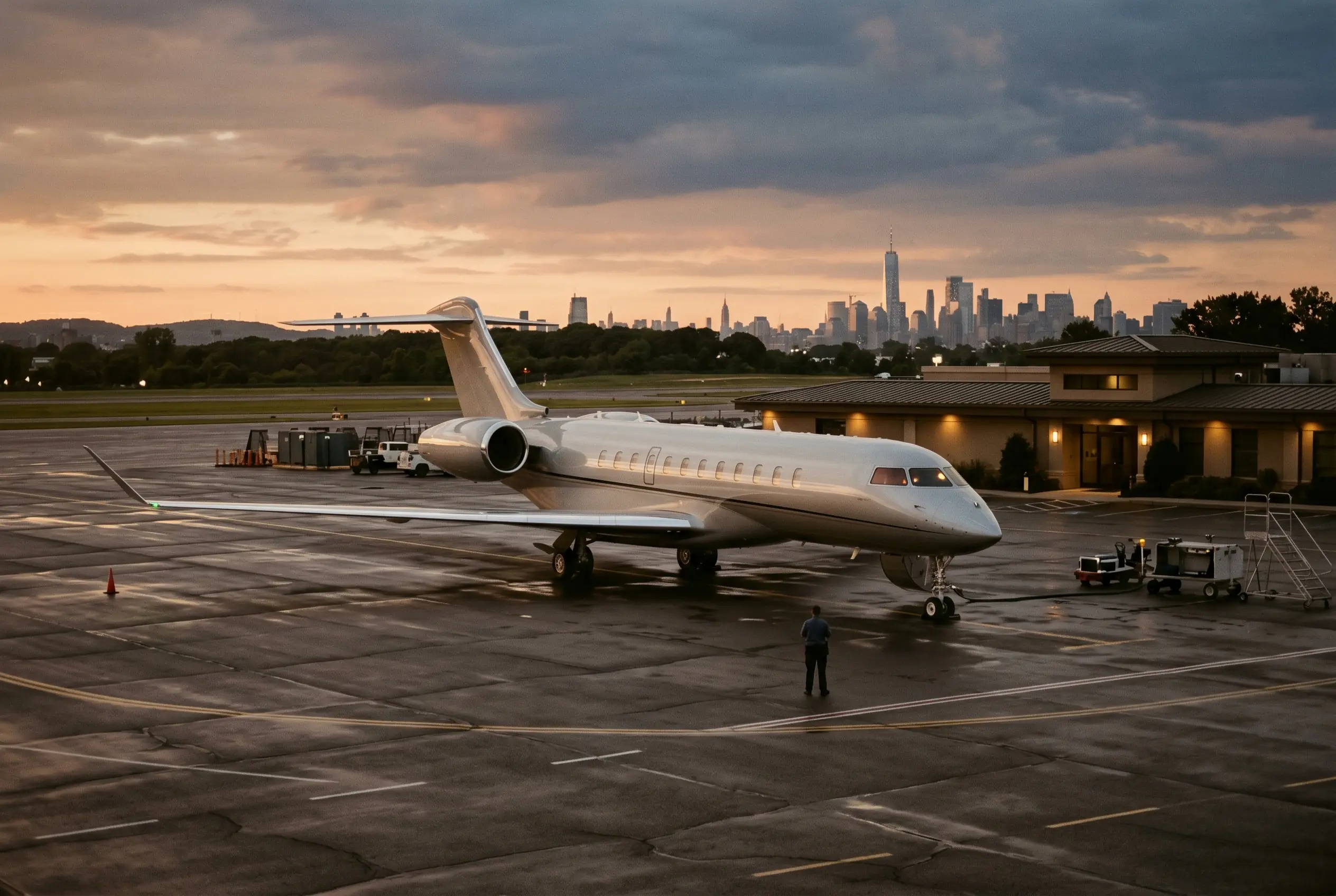 Bombardier Global 7500 parked on a private ramp at dusk before a New York to Miami flight