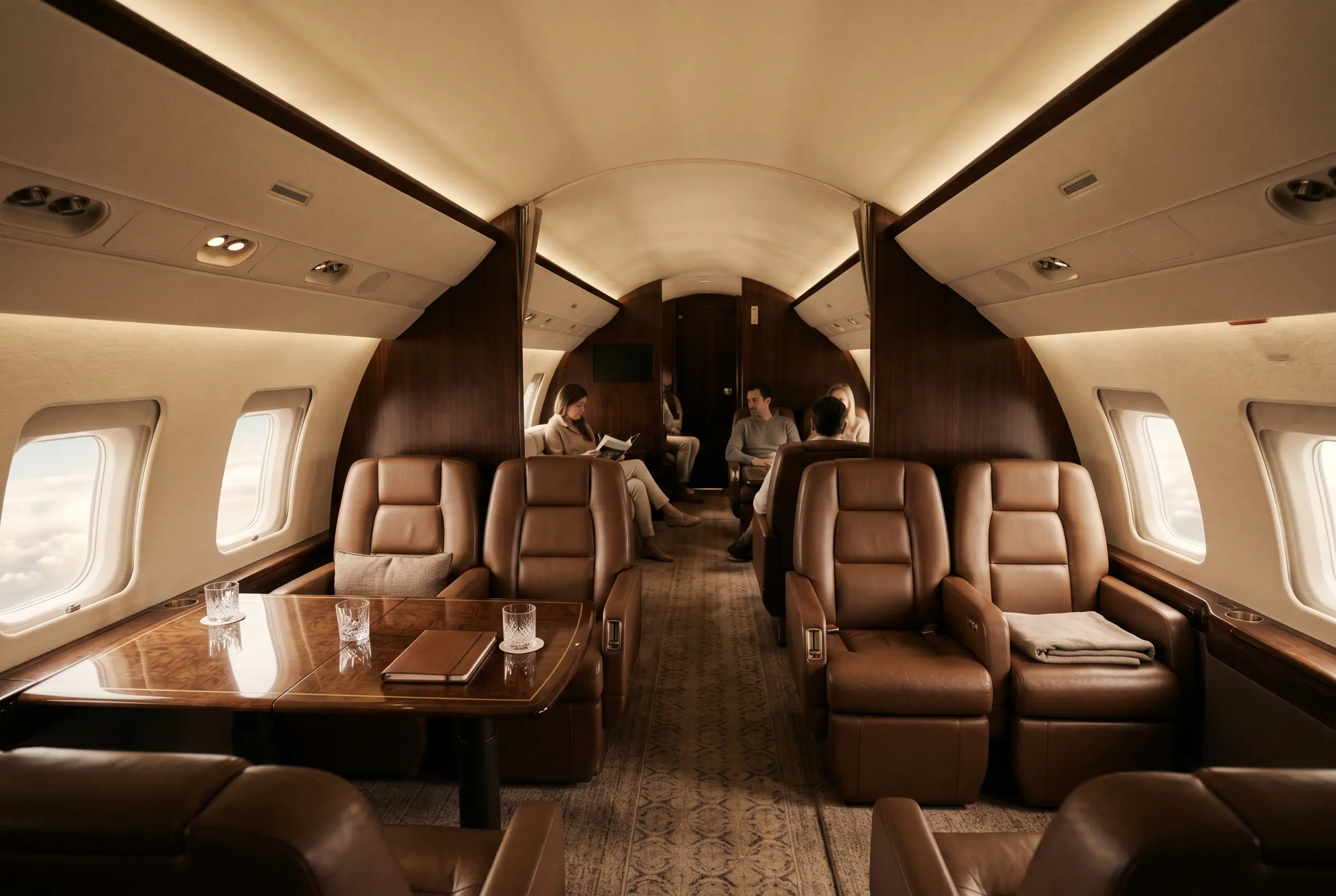 A full private-jet cabin configured for a travelling group on the New York to Miami route