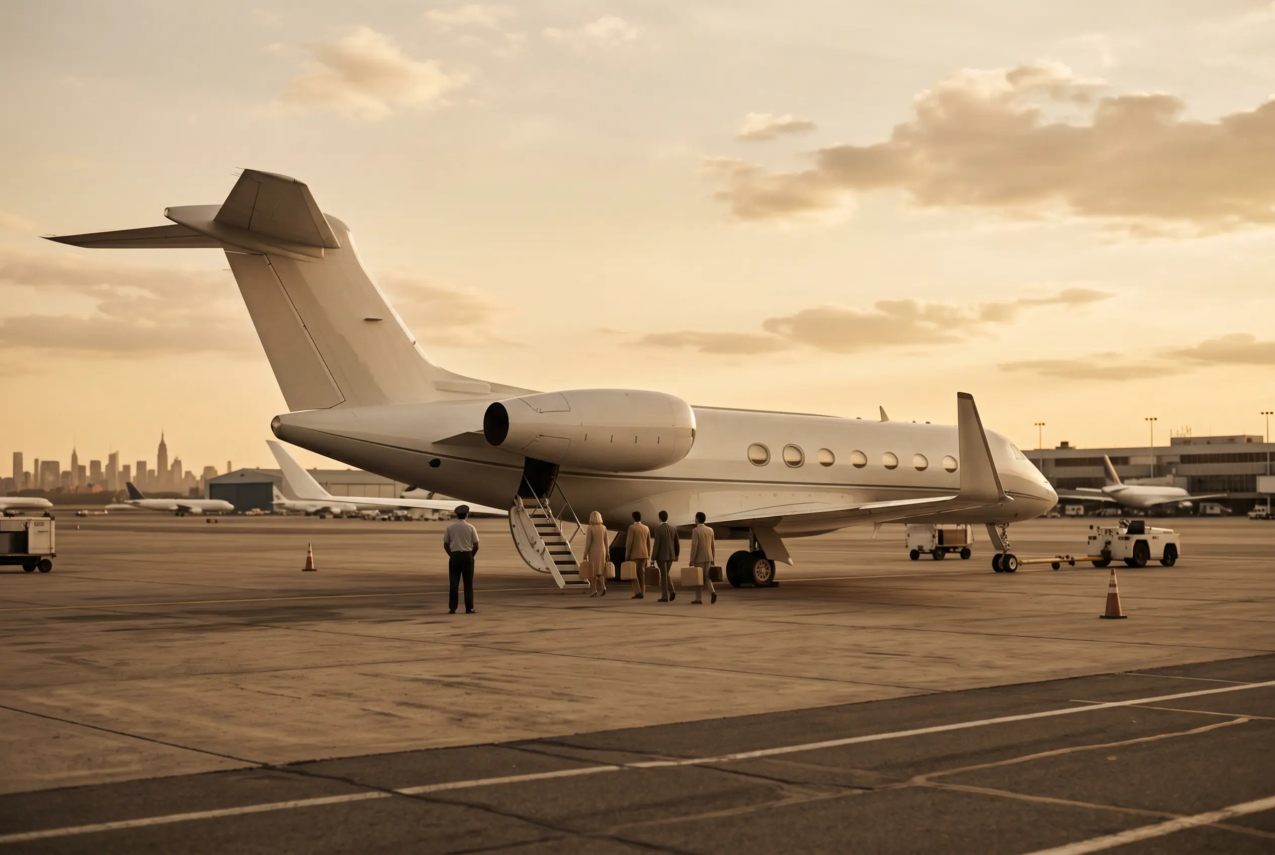A large-cabin private jet on the ramp ready for a group on the New York to Miami route