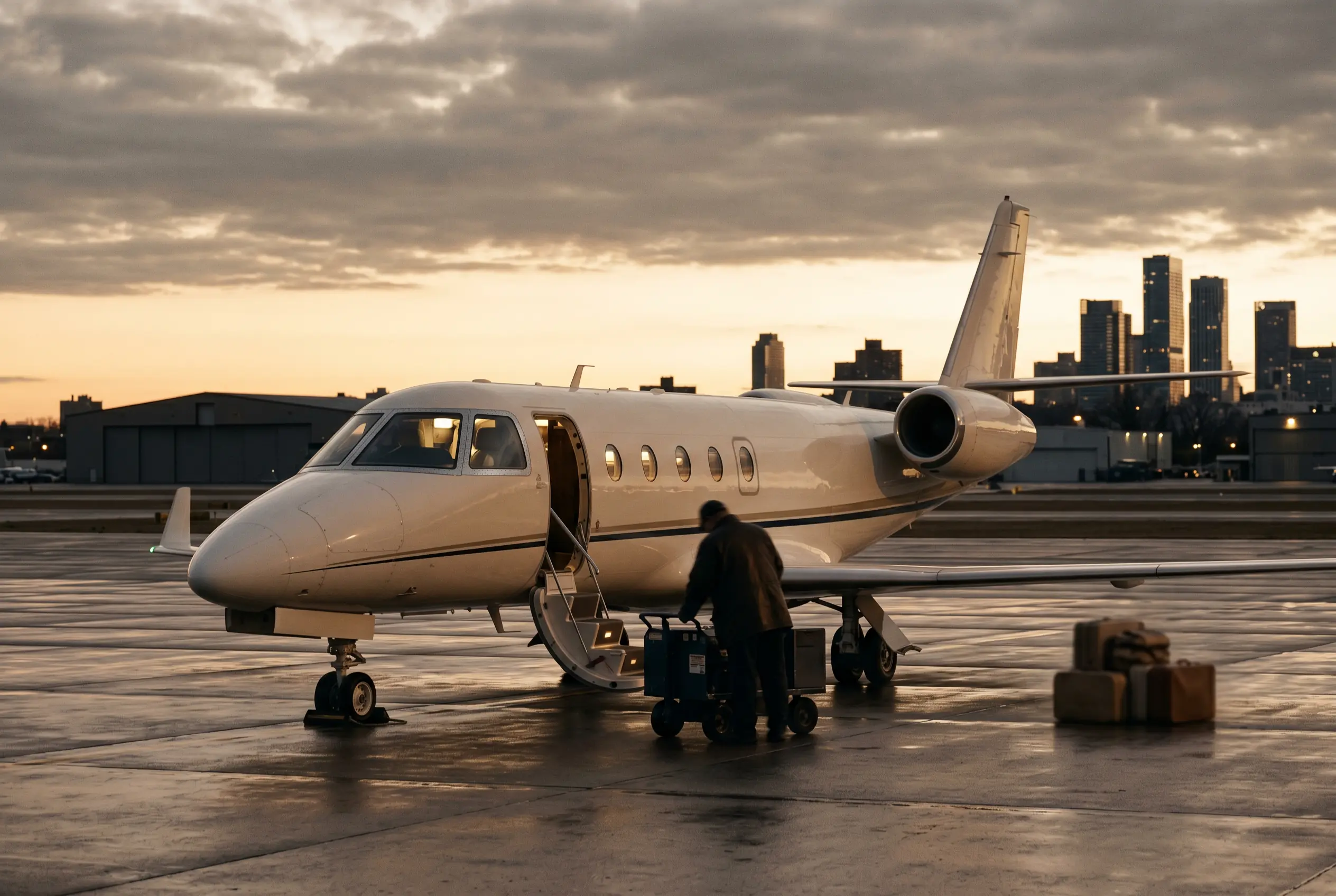 Gulfstream G150 parked on a private ramp at dusk before a New York to Miami flight