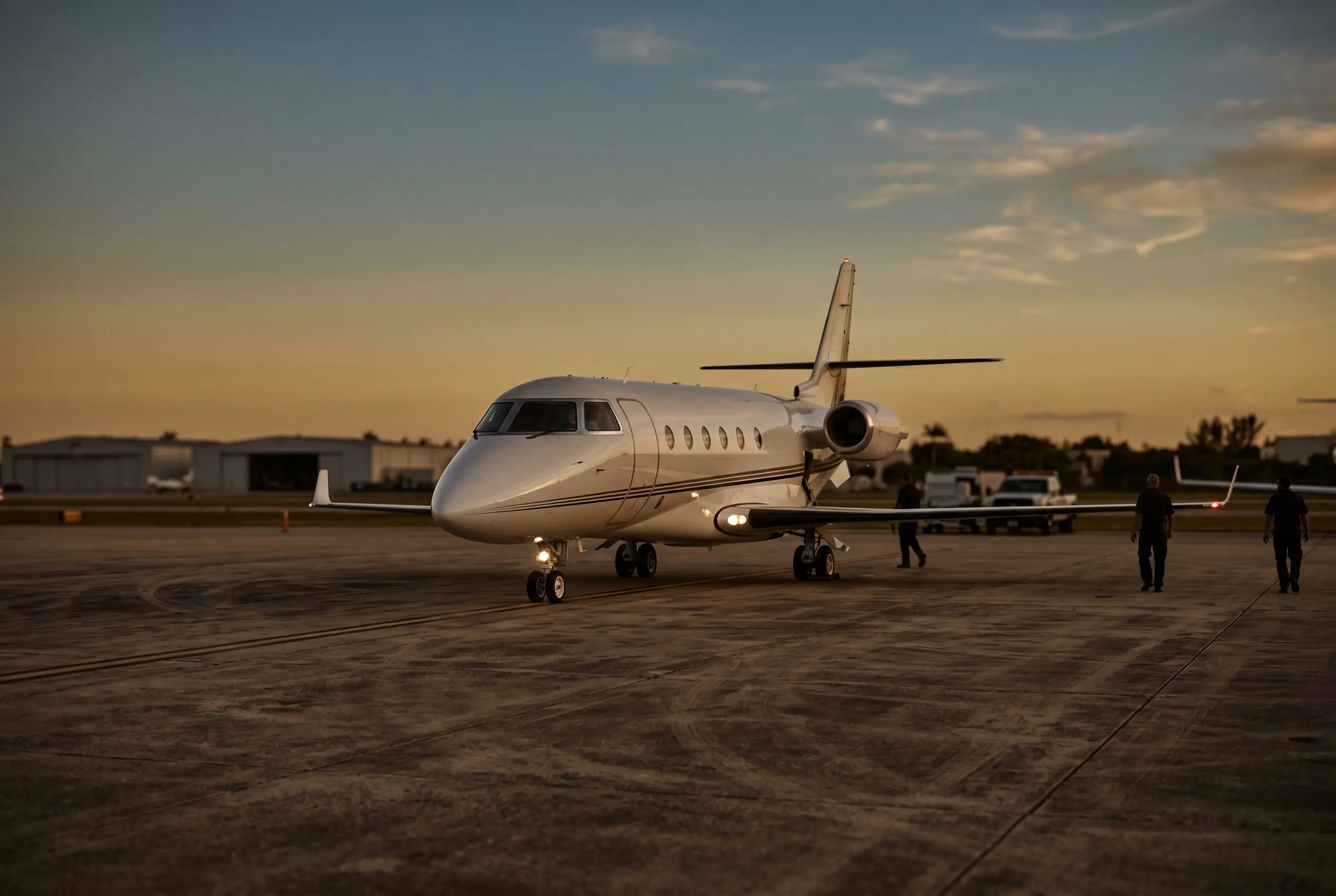 Gulfstream G200 parked on a private ramp at dusk before a New York to Miami flight